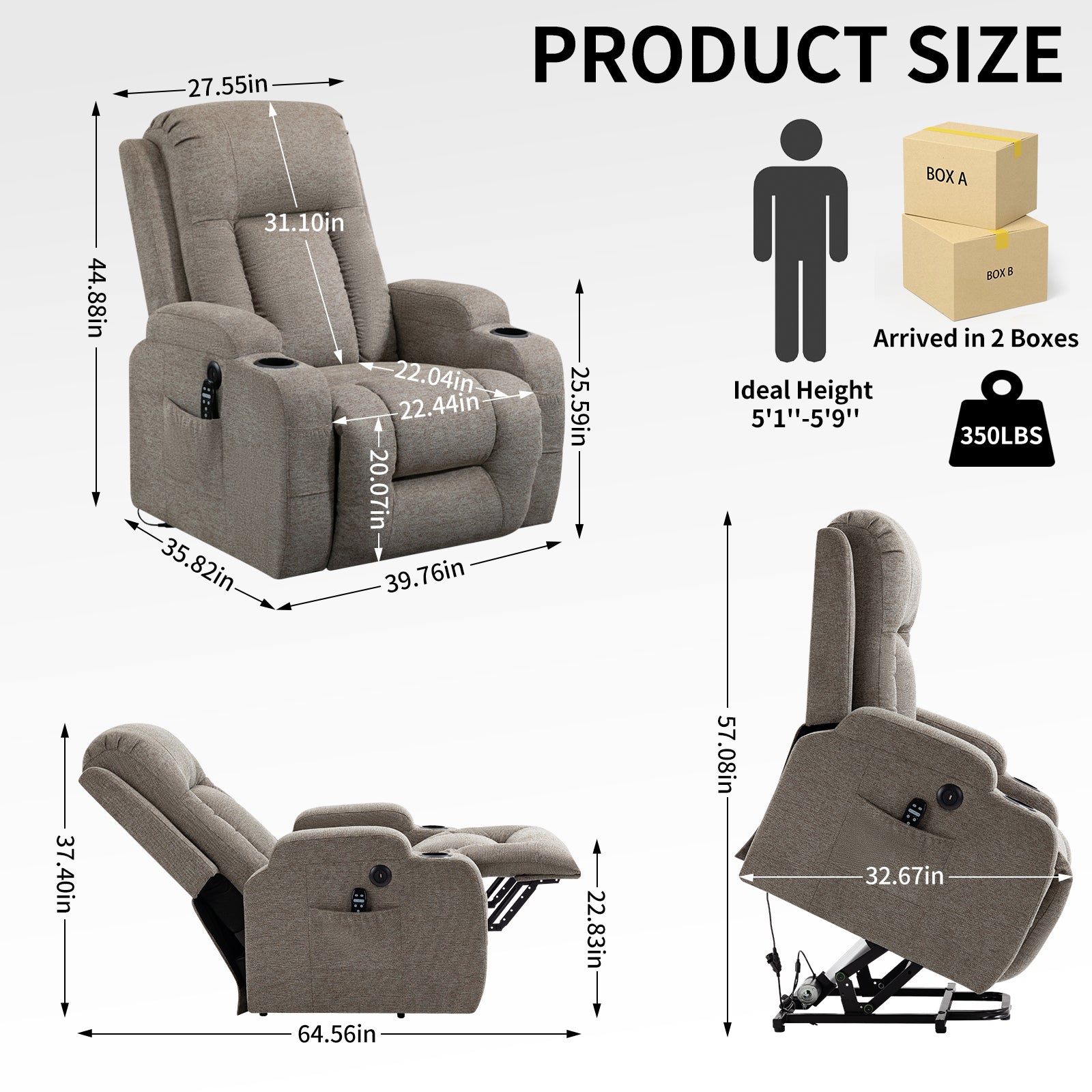 🆓🚛 Infinite Position Okin Motor Up To 350 Lbs Power Lift Recliner Chair for Elderly, Heavy Duty Motion Mechanism, 8-Point Vibration Massage and Lumbar Heating, USB Charging Port, Cup Holders, Brown