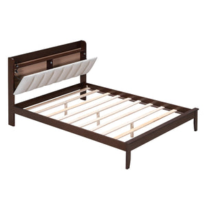 Full size Platform Bed with USB Charging Station and Storage Upholstered Headboard, LED Bed Frame, No Box Spring Needed, Walnut+Beige