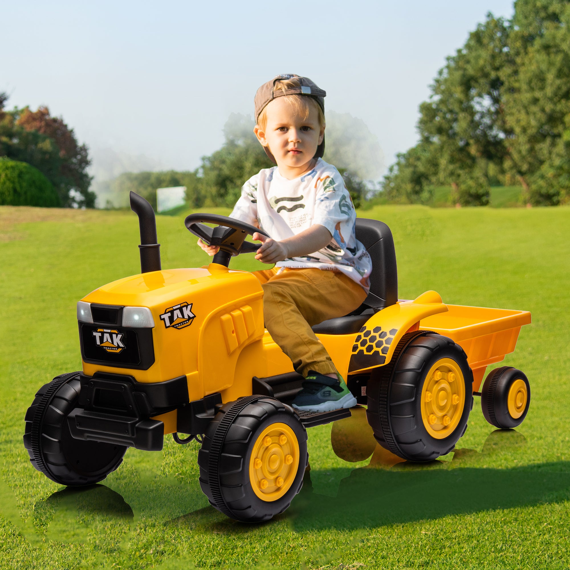 🆓🚛 12V Kids Ride On Tractor Electric Excavator Battery Powered Motorized Car for Kids Ages 3-6, With , Detachable Trailer, Remote Control, & Bright Headlight, Yellow