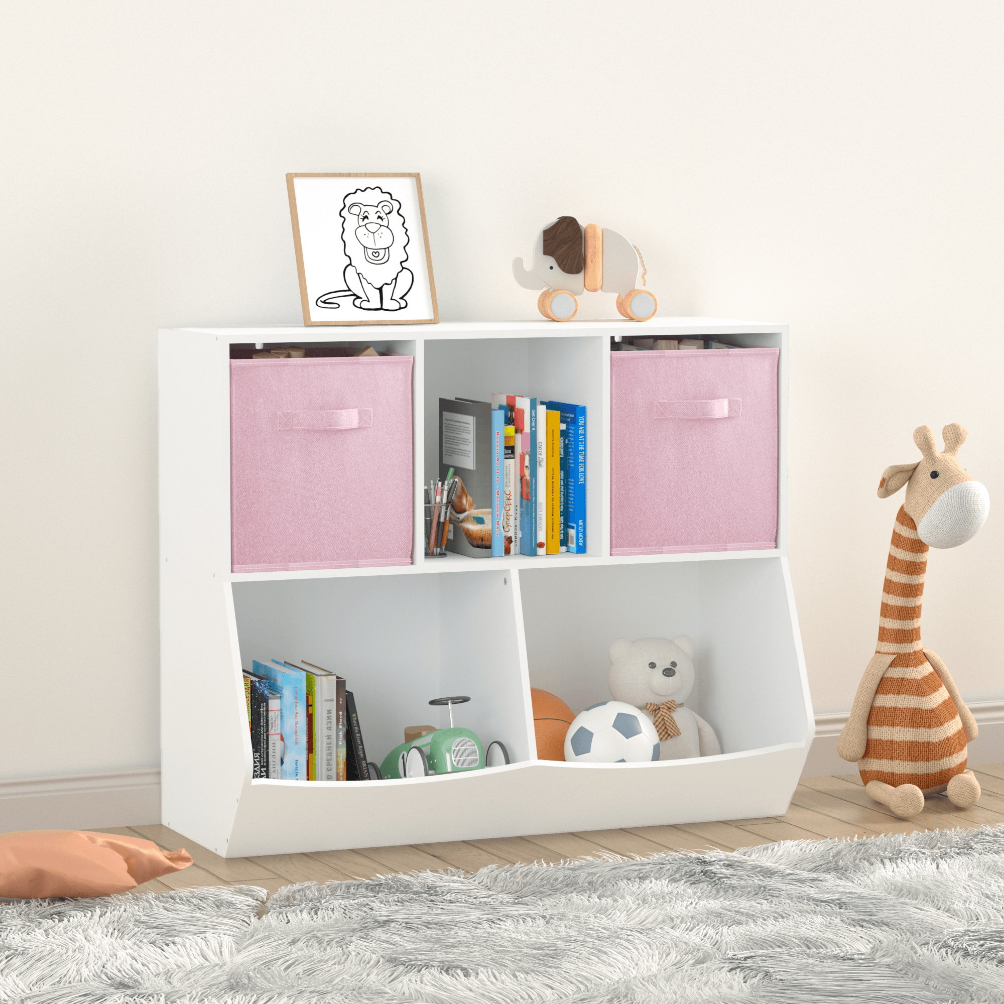 🆓🚛 Kids Bookcase With Collapsible Fabric Drawers, Children'S Toy Storage Cabinet for Playroom, Bedroom, Nursery, School, White/Pink