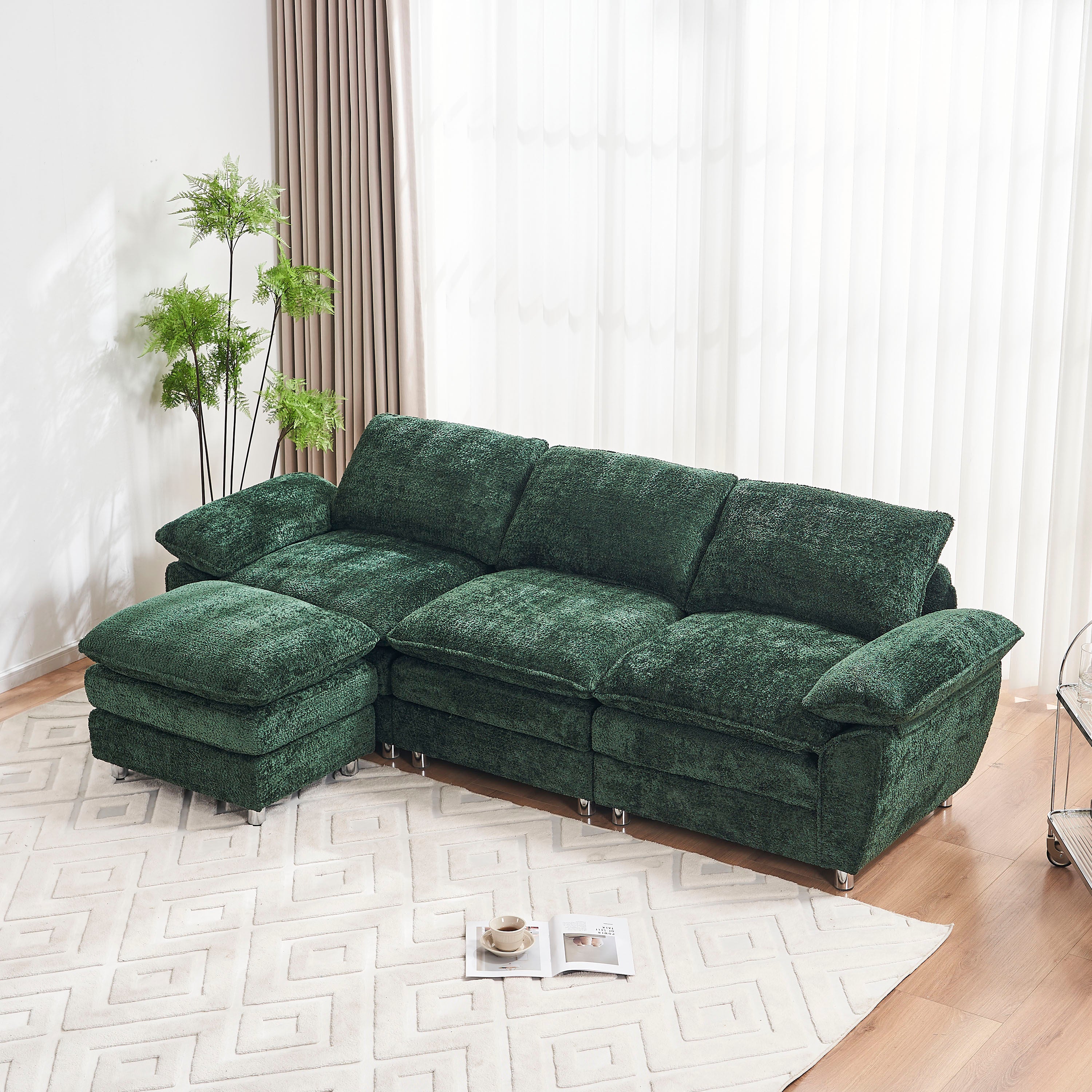 🆓🚛 Modern Deep 3-Seat Sofa Couch With Ottoman, Polyester Sofa Sleeper Comfy Upholstered Furniture for Living Room, Apartment, Studio, Office, Green