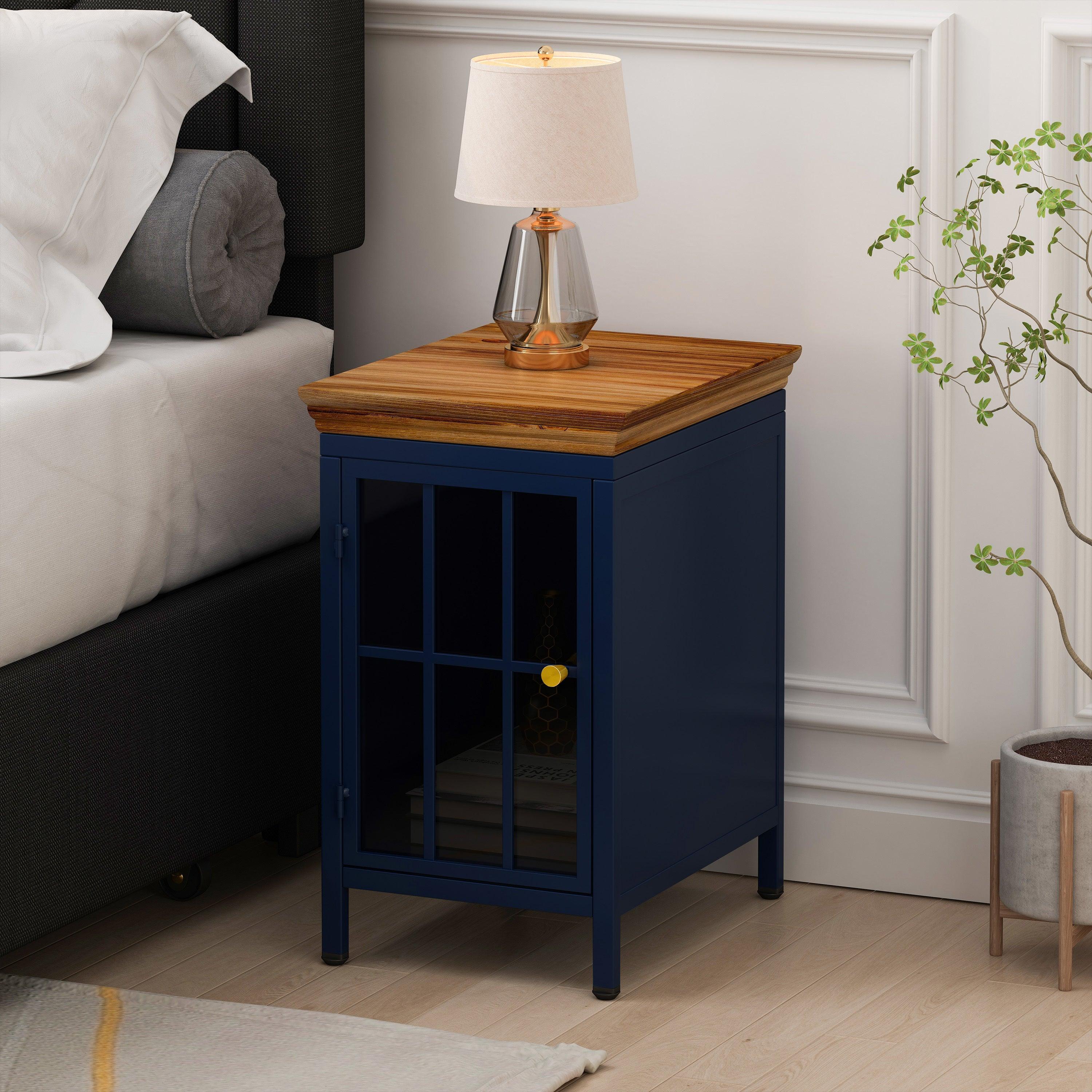🆓🚛 Nightstands (Set Of 2) With Storage Cabinet & Solid Wood Tabletop, Bedside Table, Dark Blue
