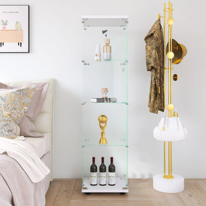 Glass Display Cabinet 4 Shelves with Door, Floor Standing Curio Bookshelf for Living Room Bedroom Office, White