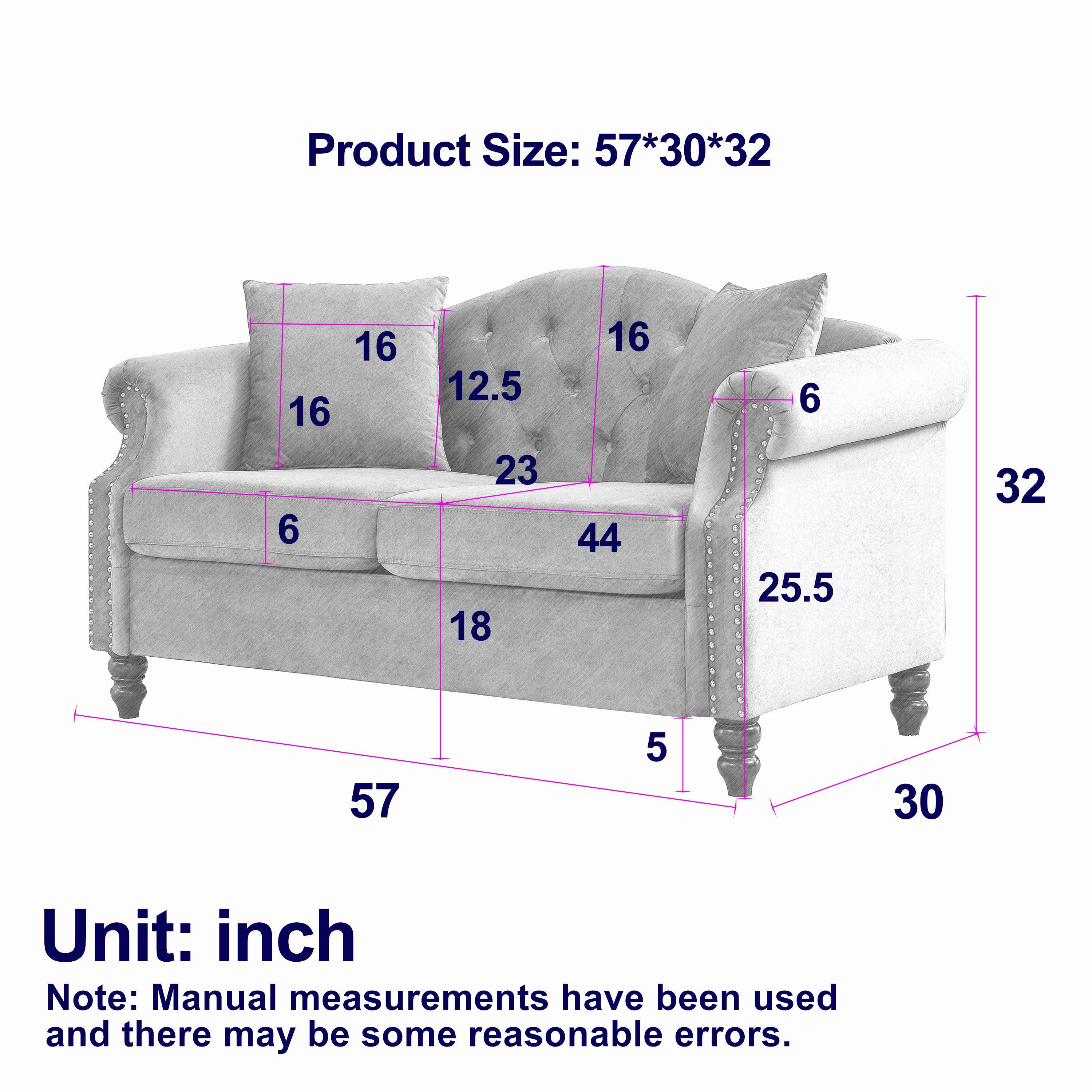 57" Chesterfield Sofa Grey Velvet for Living Room, 2 Seater Sofa Tufted Couch with Rolled Arms and Nailhead, with 2 Pillows