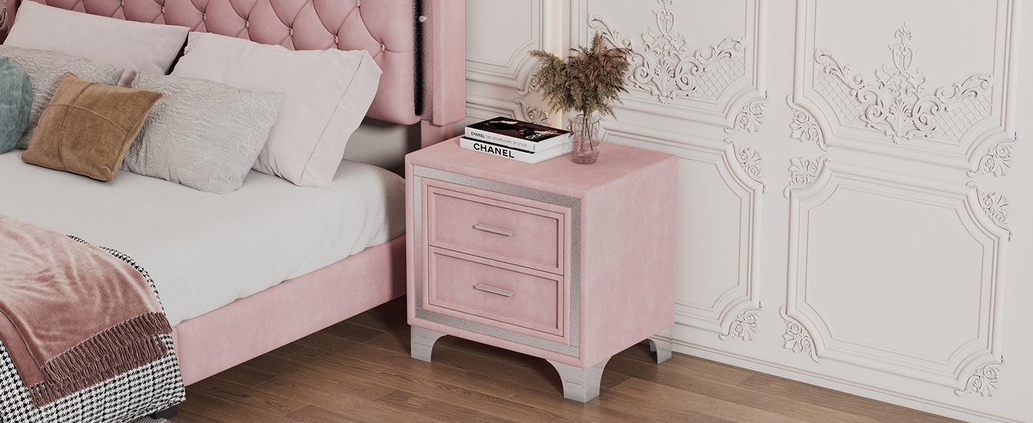 ELCRU 2-Drawer Velvet Nightstand with Metal Legs for Bedroom - Pink