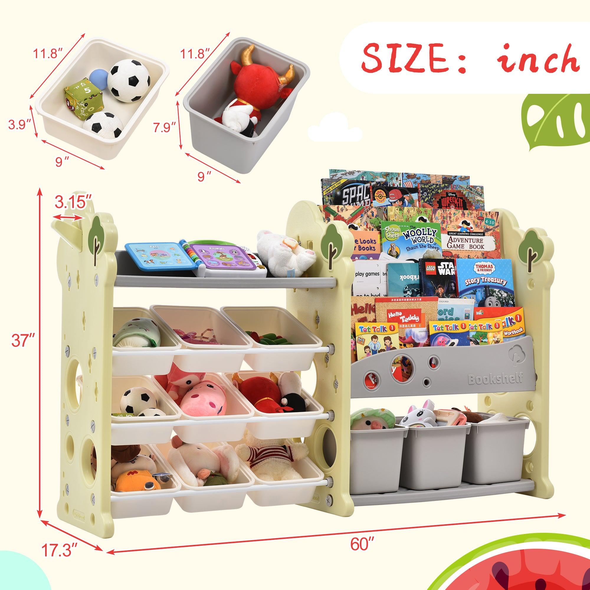 🆓🚛 Kids Bookshelf Toy Storage Organizer With 17 Bins & 5 Bookshelves, Multi-Functional Nursery Organizer Kids Furniture Set Toy Storage Cabinet Unit With Hdpe Shelf & Bins, Light Green