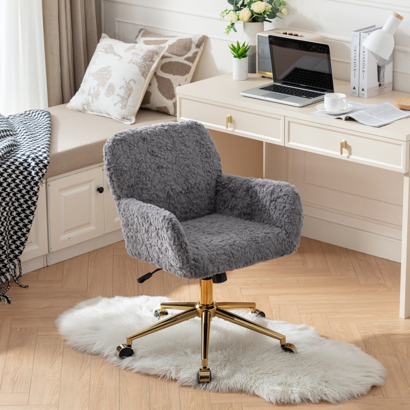 🆓🚛 Furniture Office Chair, Artificial Rabbit Hair Home Office Chair With Golden Metal Base, Adjustable Desk Chair Swivel Office Chair, Vanity Chair, Gray