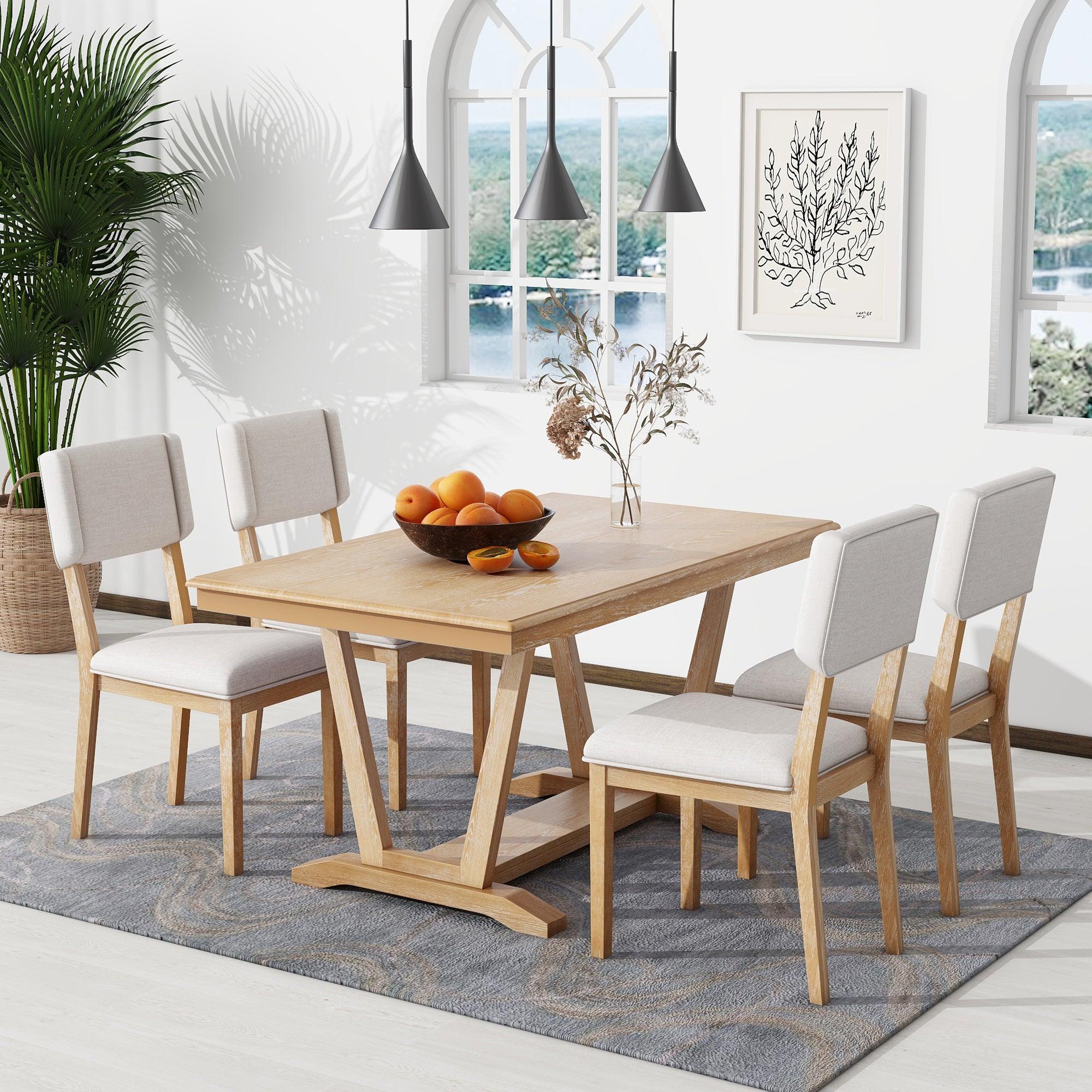 🆓🚛 Rustic 5-Piece Dining Table Set With 4 Upholstered Chairs, 59-Inch Rectangular Dining Table With Trestle Table Base, Naural