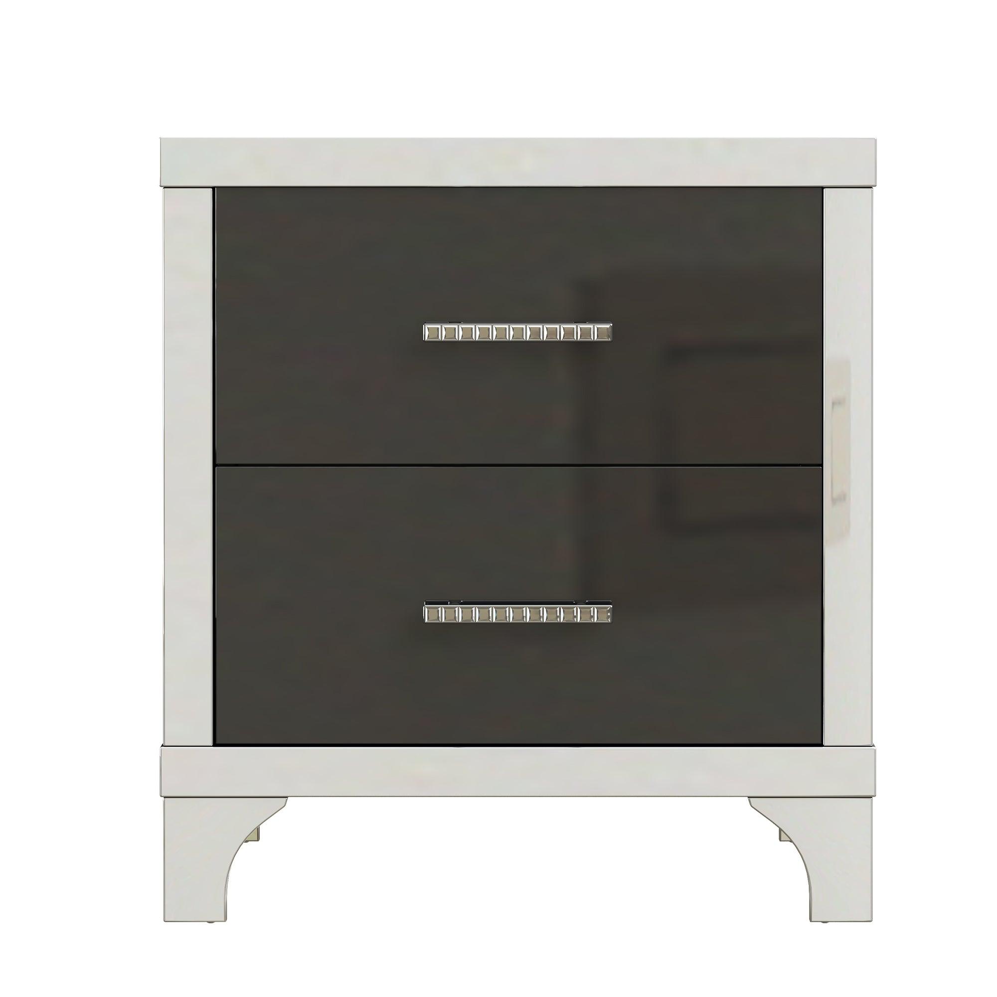 Elegant High Gloss Nightstand with Metal Handle, Mirrored Bedside Table with 2 Drawers for Bedroom, Living Room, Black