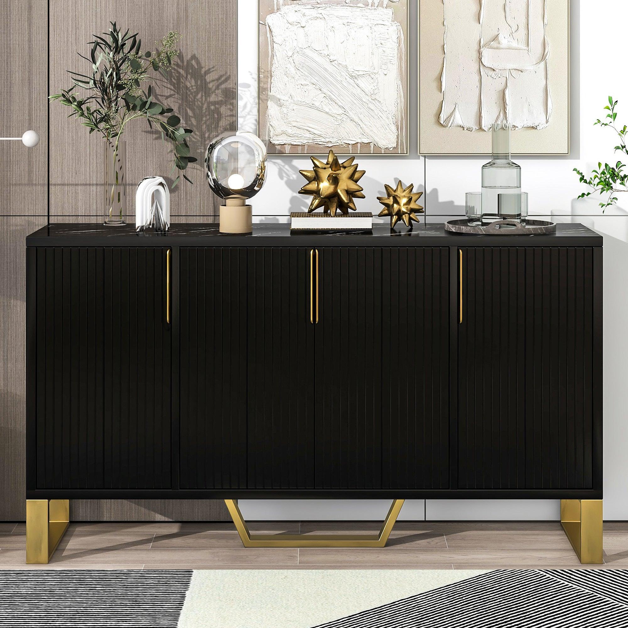 🆓🚛 Modern Sideboard With Four Doors, Metal Handles & Legs & Adjustable Shelves Kitchen Cabinet (Black)