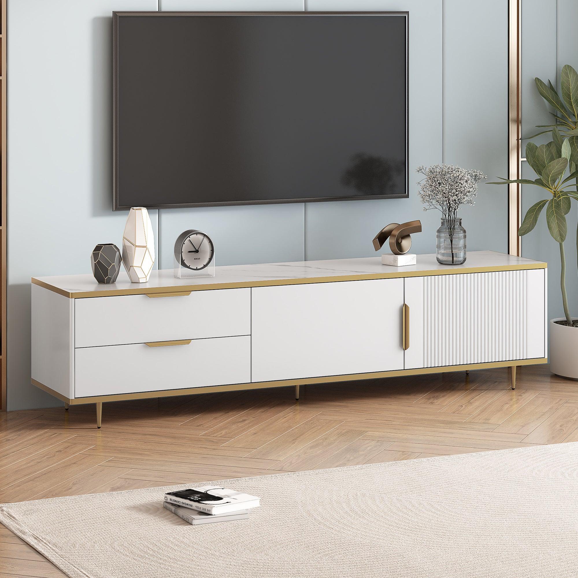 🆓🚛 Modern Tv Stand for 65+ Inch Tv, Entertainment Center Tv Media Console Table, With 2 Drawers & 2 Cabinets, Tv Console Cabinet Furniture for Living Room, White