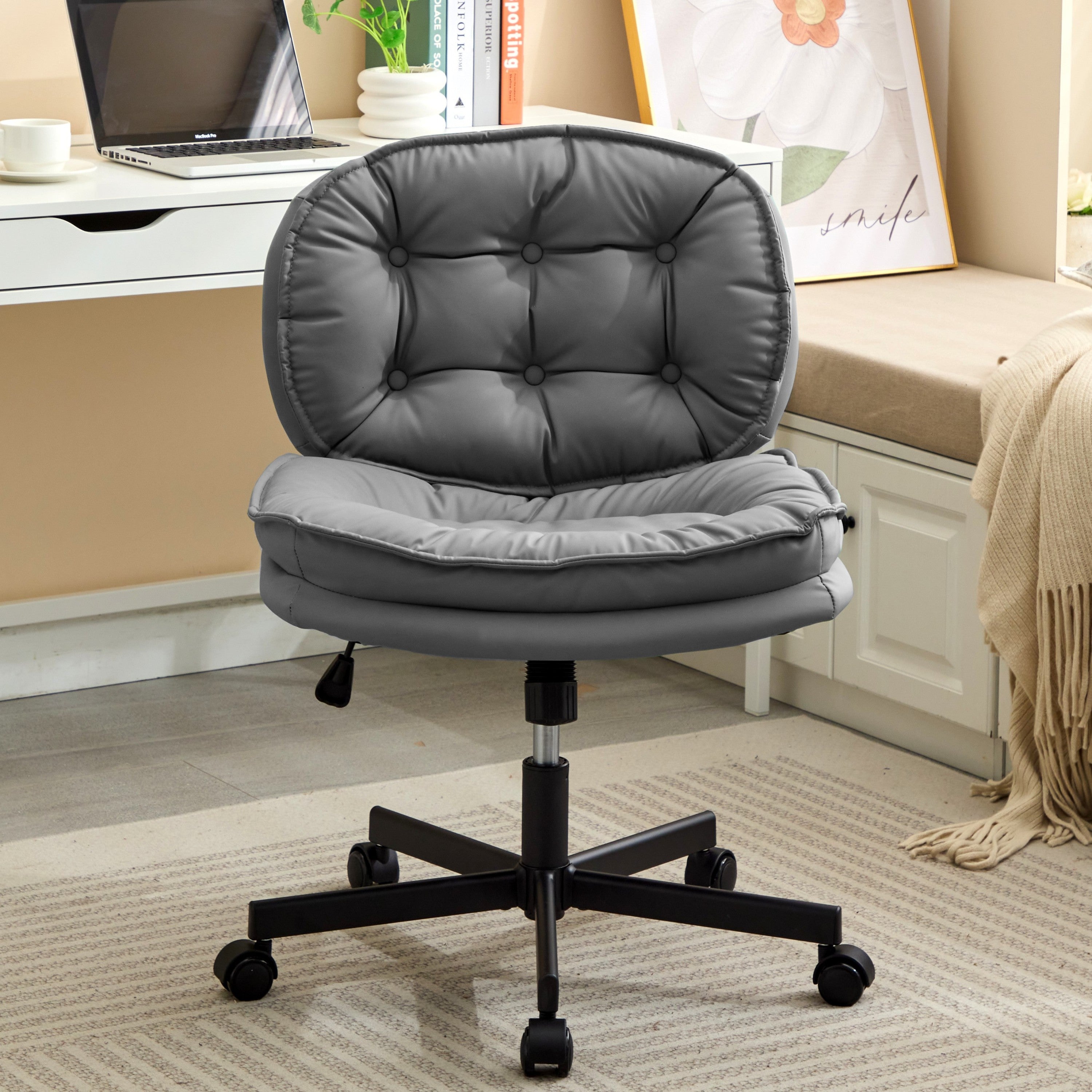 Armless-Office Desk Chair With Wheels: Pu Leather Cross Legged Wide Chair, Comfortable Adjustable Swivel Computer Task Chairs for Home, Office, Make Up, Small Space, Bed Room