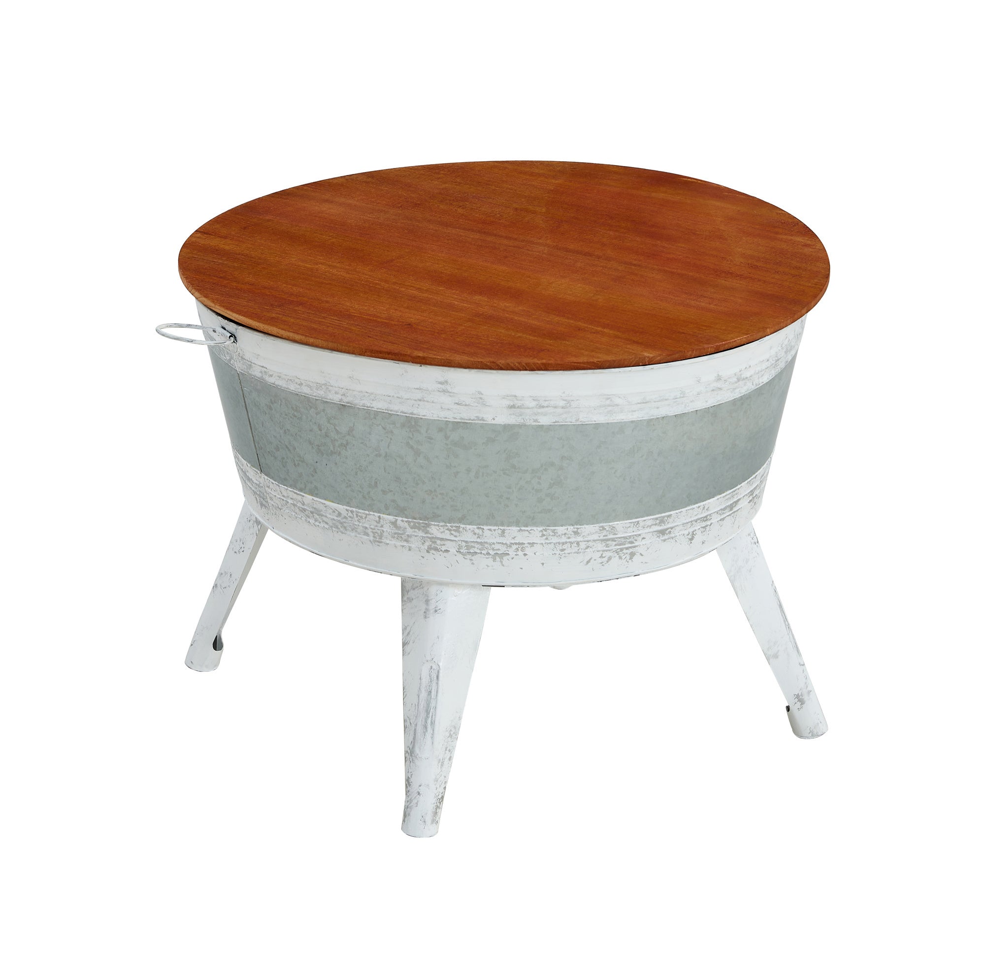 🆓🚛 Farmhouse Rustic Distressed Metal Accent Cocktail Table, Wood Top, White