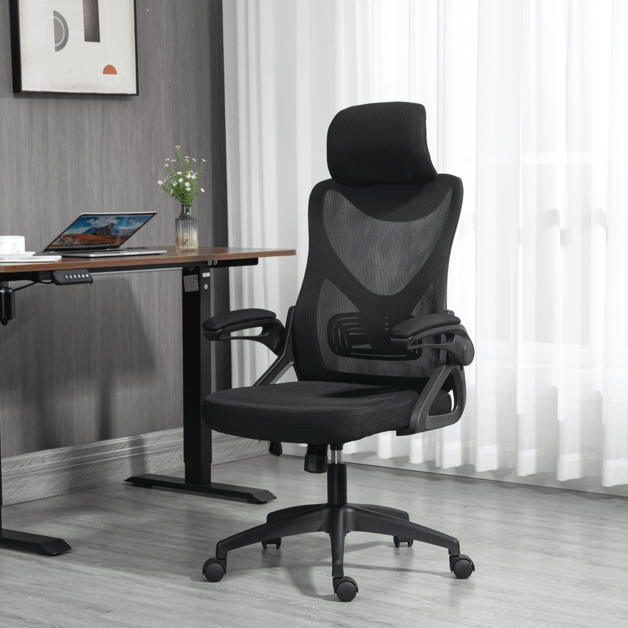 Ergonomic Office Desk Chair with wheels High Back Computer Task Chair Home Mesh Swivel Desk Chair with Adjustable Back Height & Flip up Arms & Lumbar Support & Headrest for Home/Study/Working(Black)