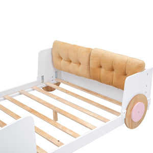 Full size Car-shaped platform bed with Soft cushion and shelves on the footboard, White