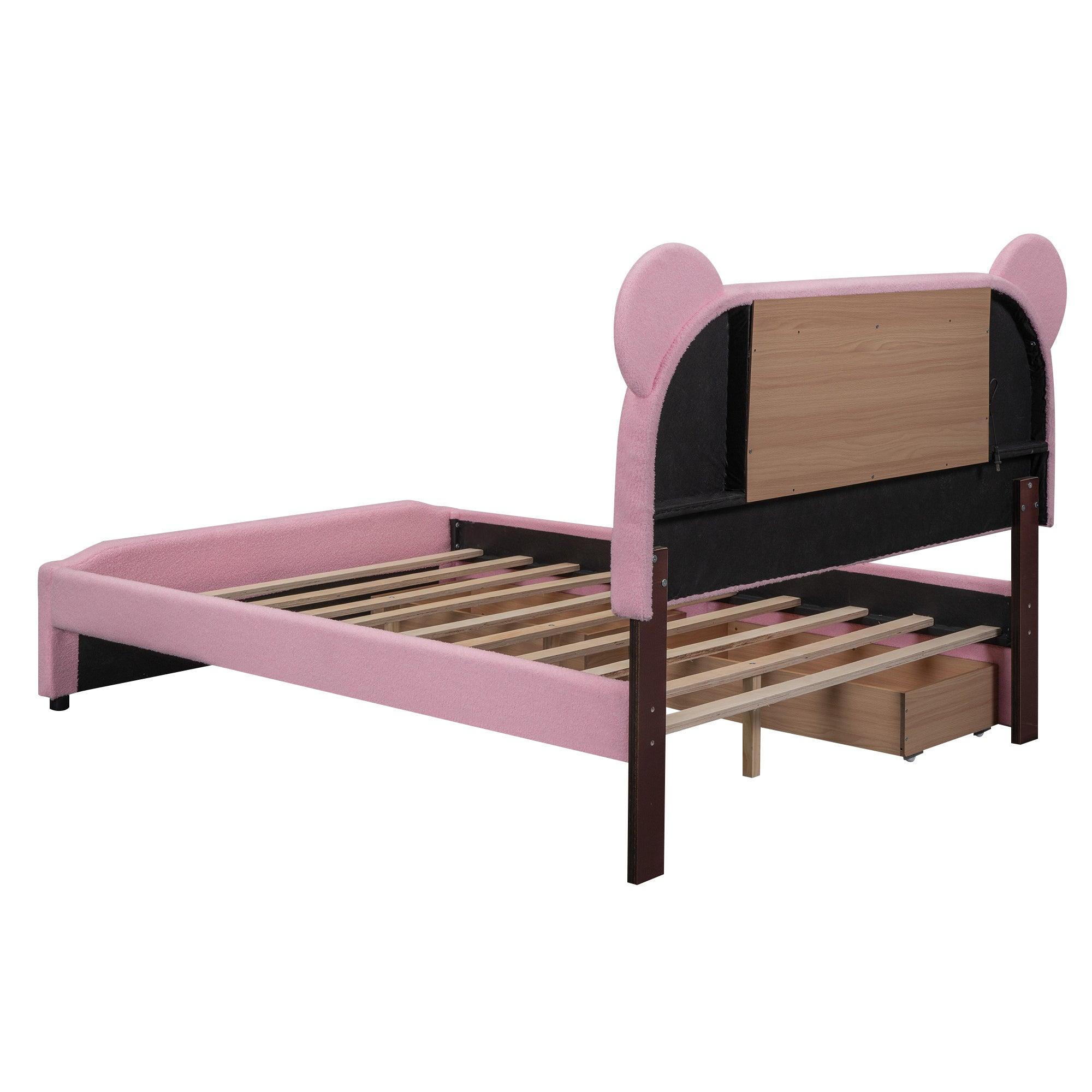 Full Size Upholstered Storage Platform Bed with Cartoon Ears Headboard, LED and USB, Pink