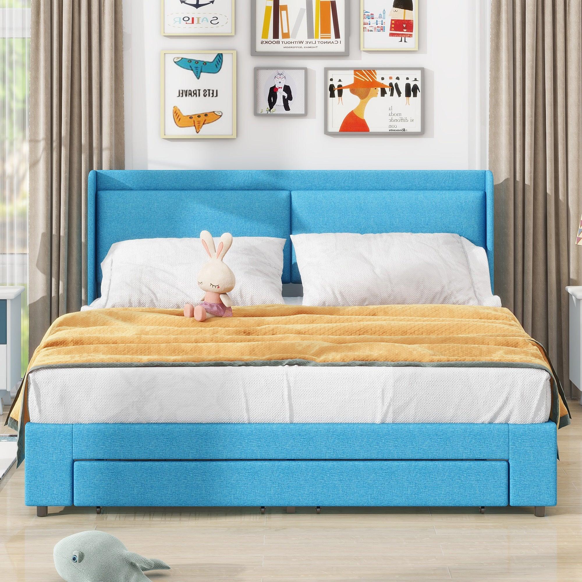 🆓🚛 Queen Size Storage Upholstered Hydraulic Platform Bed With 2 Drawers, Blue