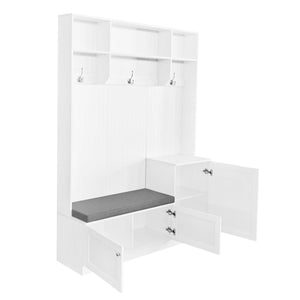 Elegant Design Hall Tree With Comfort And Storage Solutions, Functional Hallway Shoe Cabinet With Bench & Cushion, Modern Coat Rack With Hooks For Entryways, White