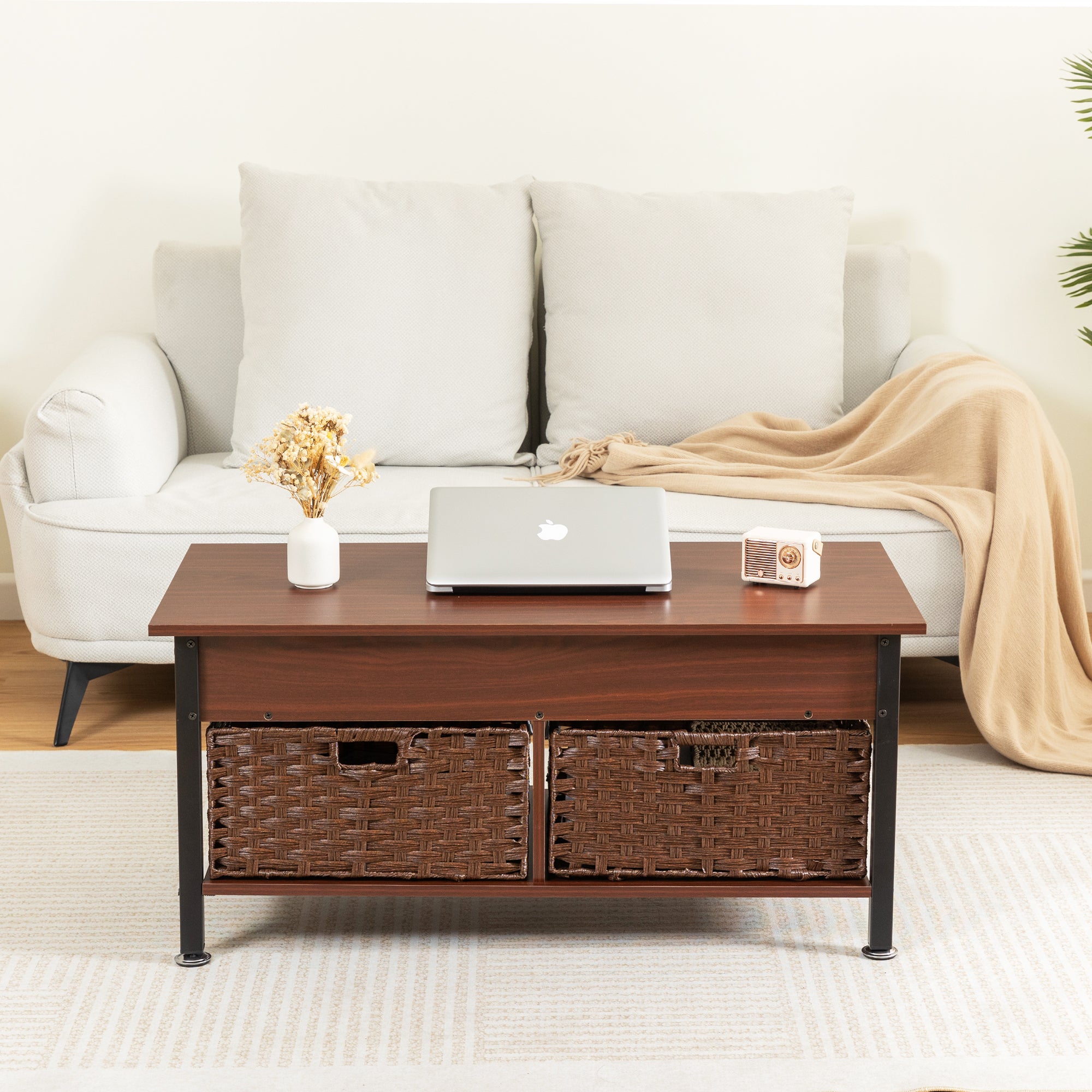 🆓🚛 Metal Coffee Table, Desk, With a Lifting Table, and Hidden Storage Space.There Were Two Removable Wicker Baskets That Could Be Placed In Any Space Such As The Living Room, Color:Brownwith Solid Wood Grain