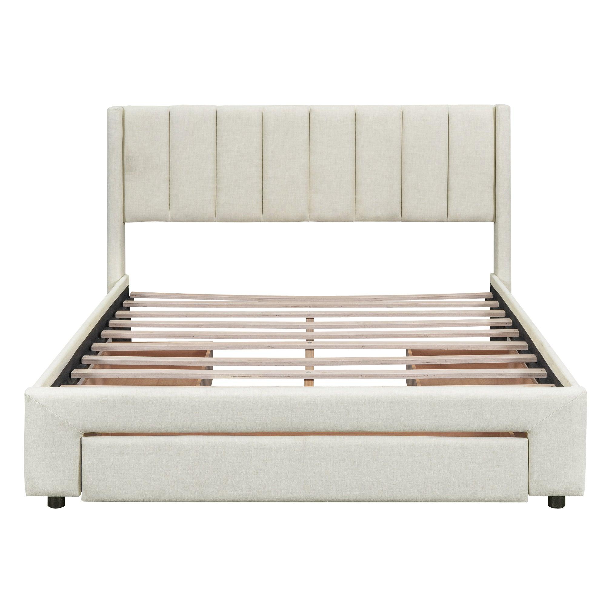 Full Size Upholstered Platform Bed with One Large Drawer in the Footboard and Drawer on Each Side, Beige