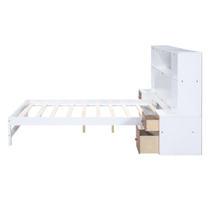 Full Size Platform Bed with Storage Headboard and Drawers, White