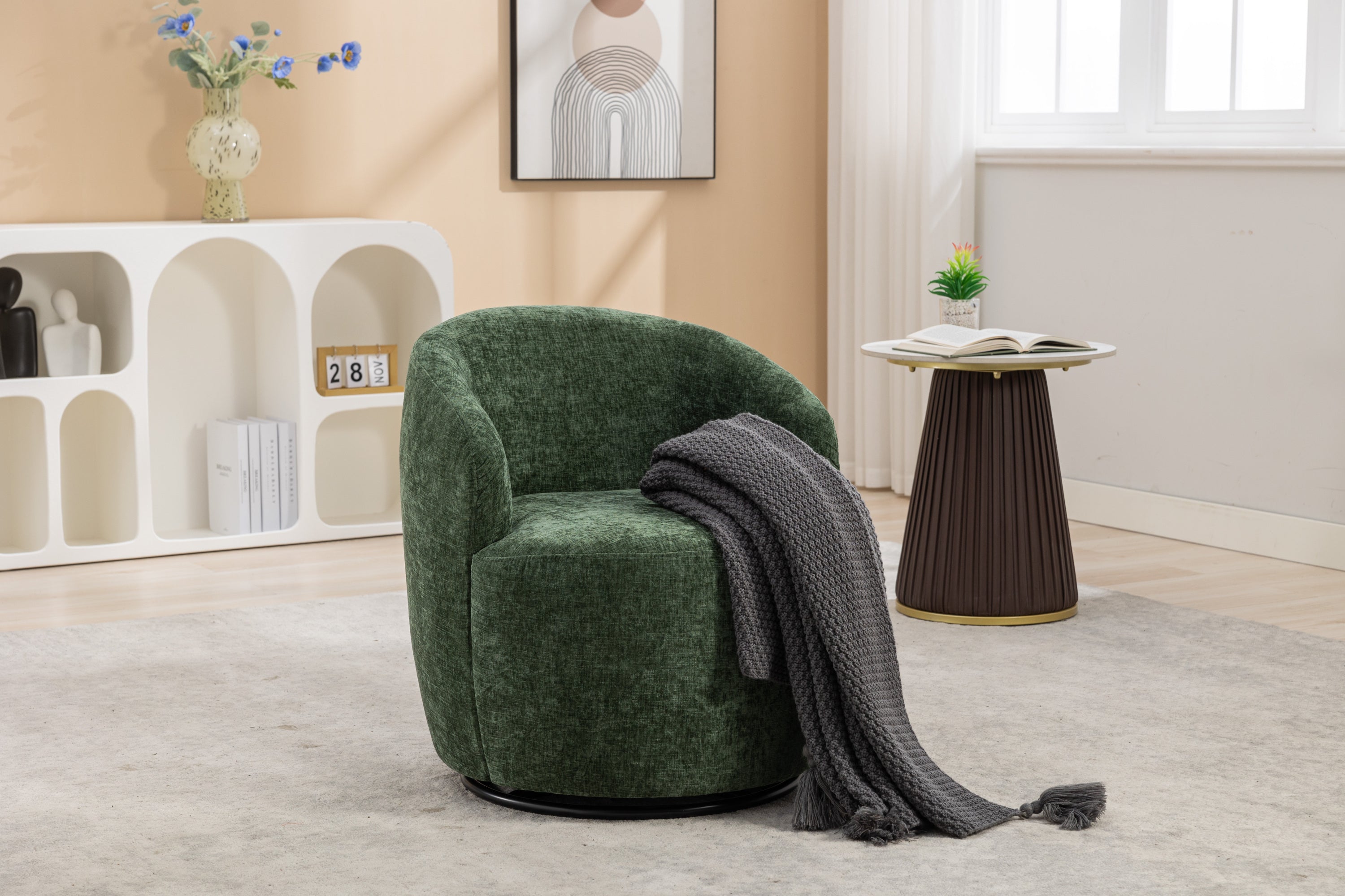 🆓🚛 Chenille Fabric Swivel Accent Armchair Barrel Chair With Black Powder Coating Metal Ring, Green