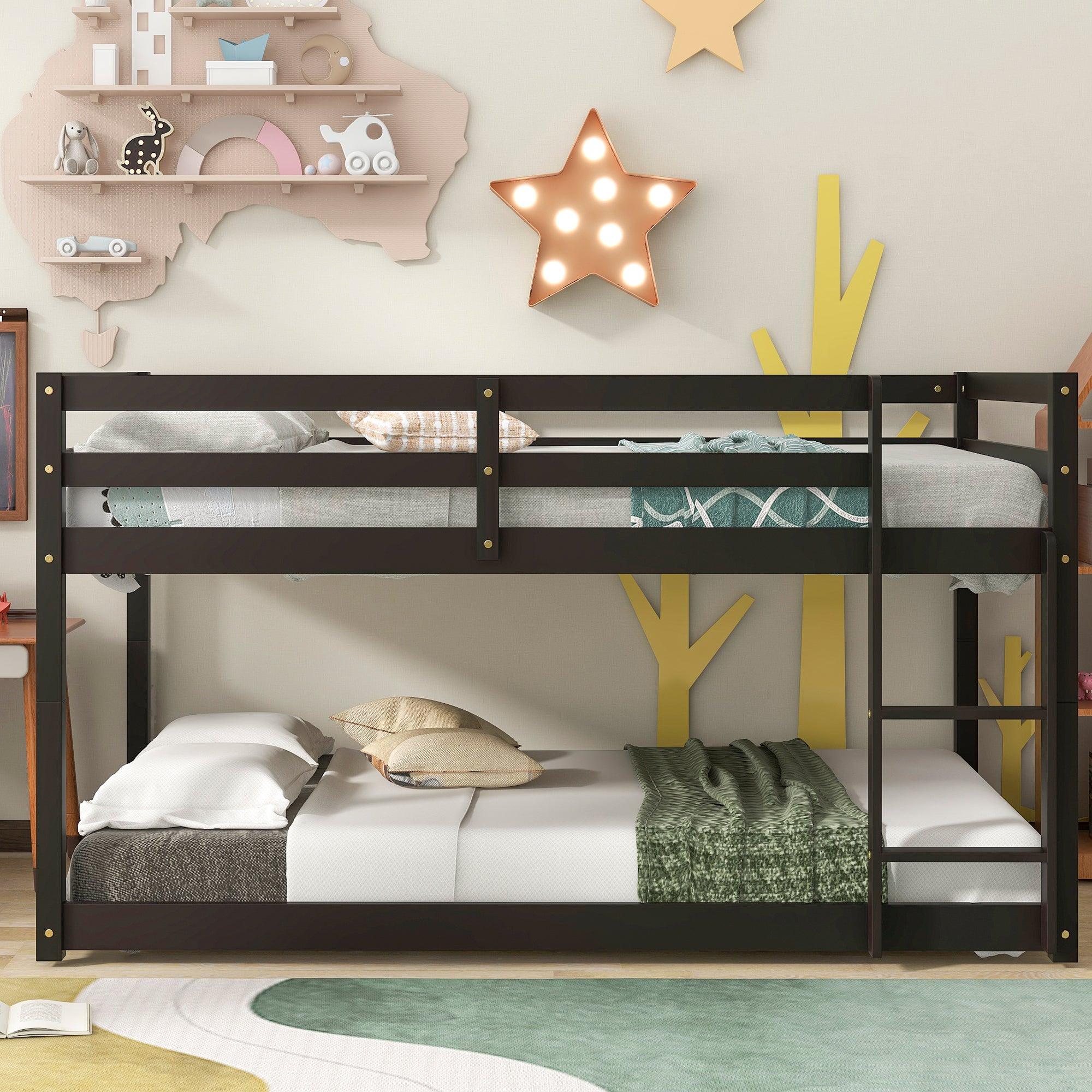 🆓🚛 Twin Over Twin Floor Bunk Bed, Espresso