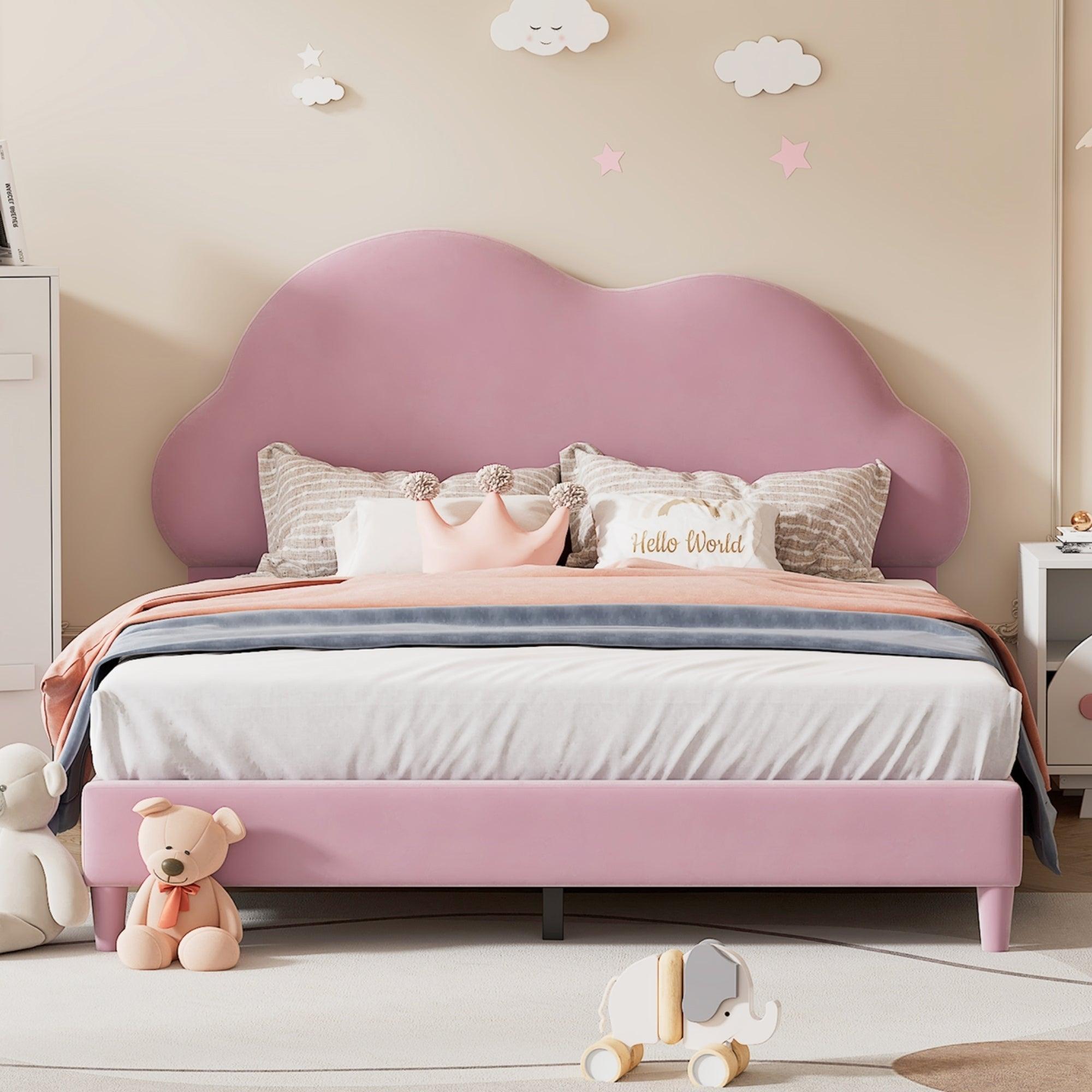 Full size Upholstered Cloud-Shape Bed , Velvet Platform Bed with Headboard, No Box-spring Needed, Pink