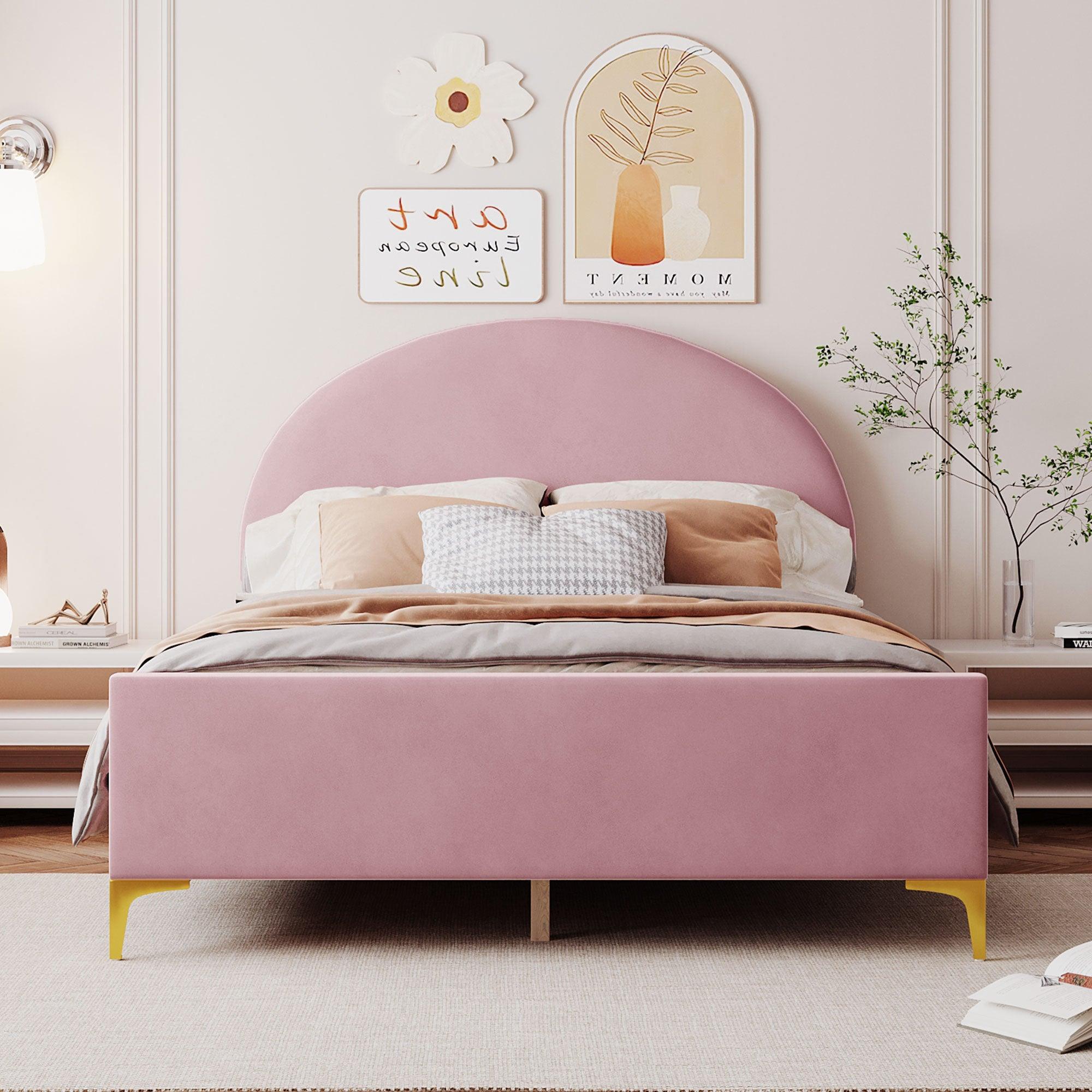 🆓🚛 Full Size Upholstered Platform Bed With Classic Semi-Circle Shaped Headboard & Mental Legs, Velvet, Pink