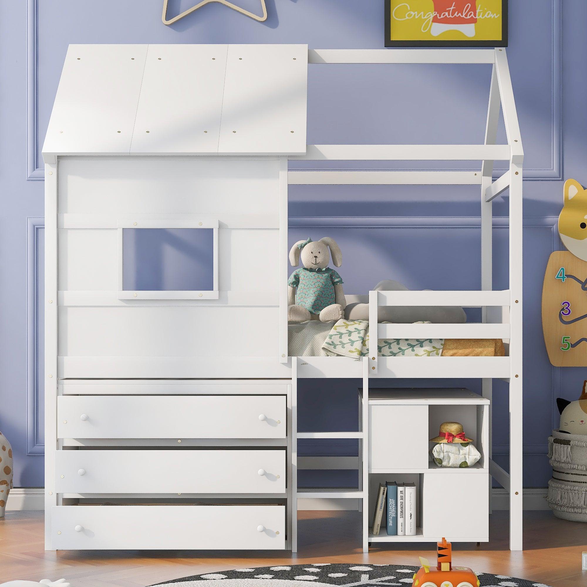 🆓🚛 Twin Size House Loft Bed With Storage Desk & 3 Drawer Chest, White
