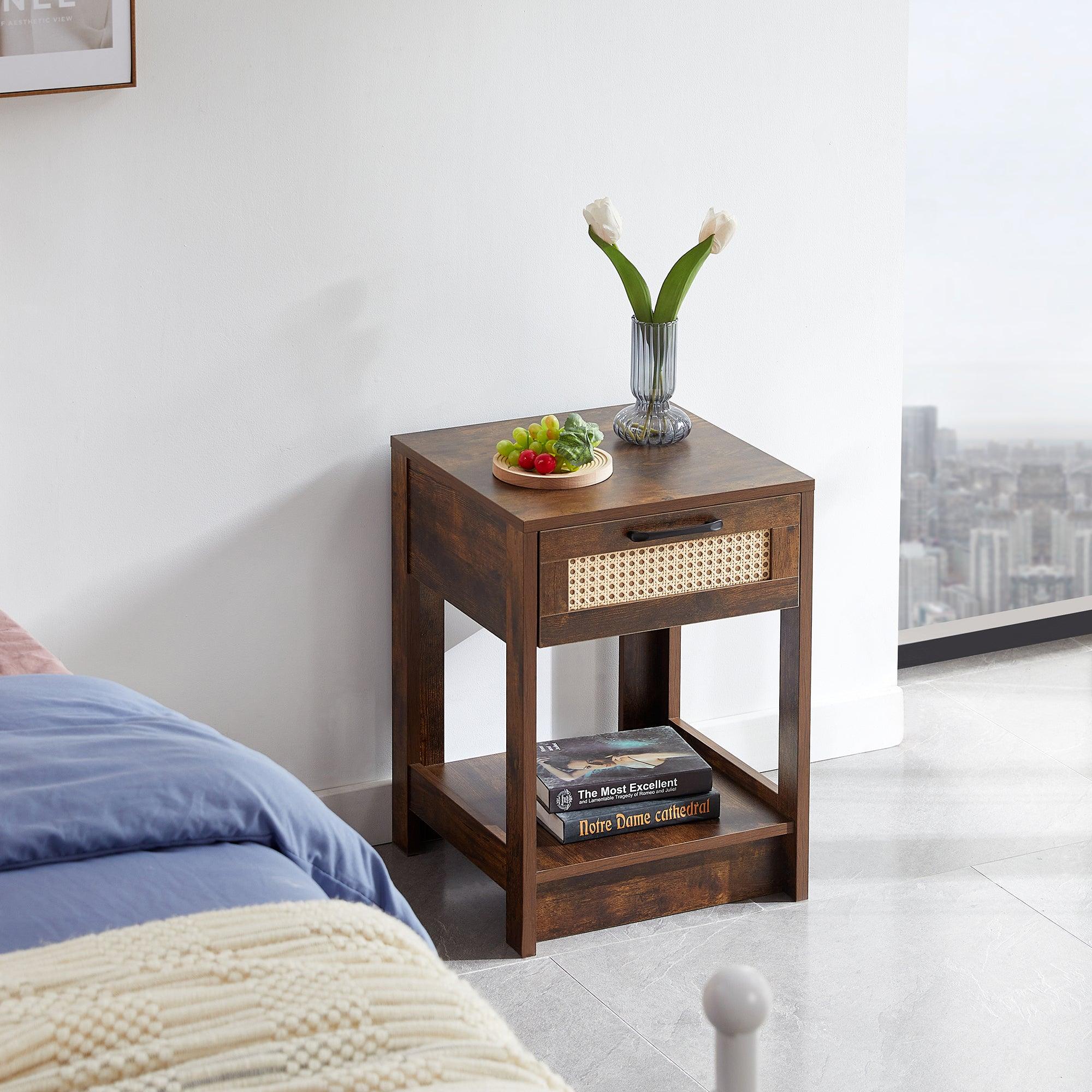 15.75" Rattan End table with  drawer, Modern nightstand, side table for living room, bedroom, Rustic Brown