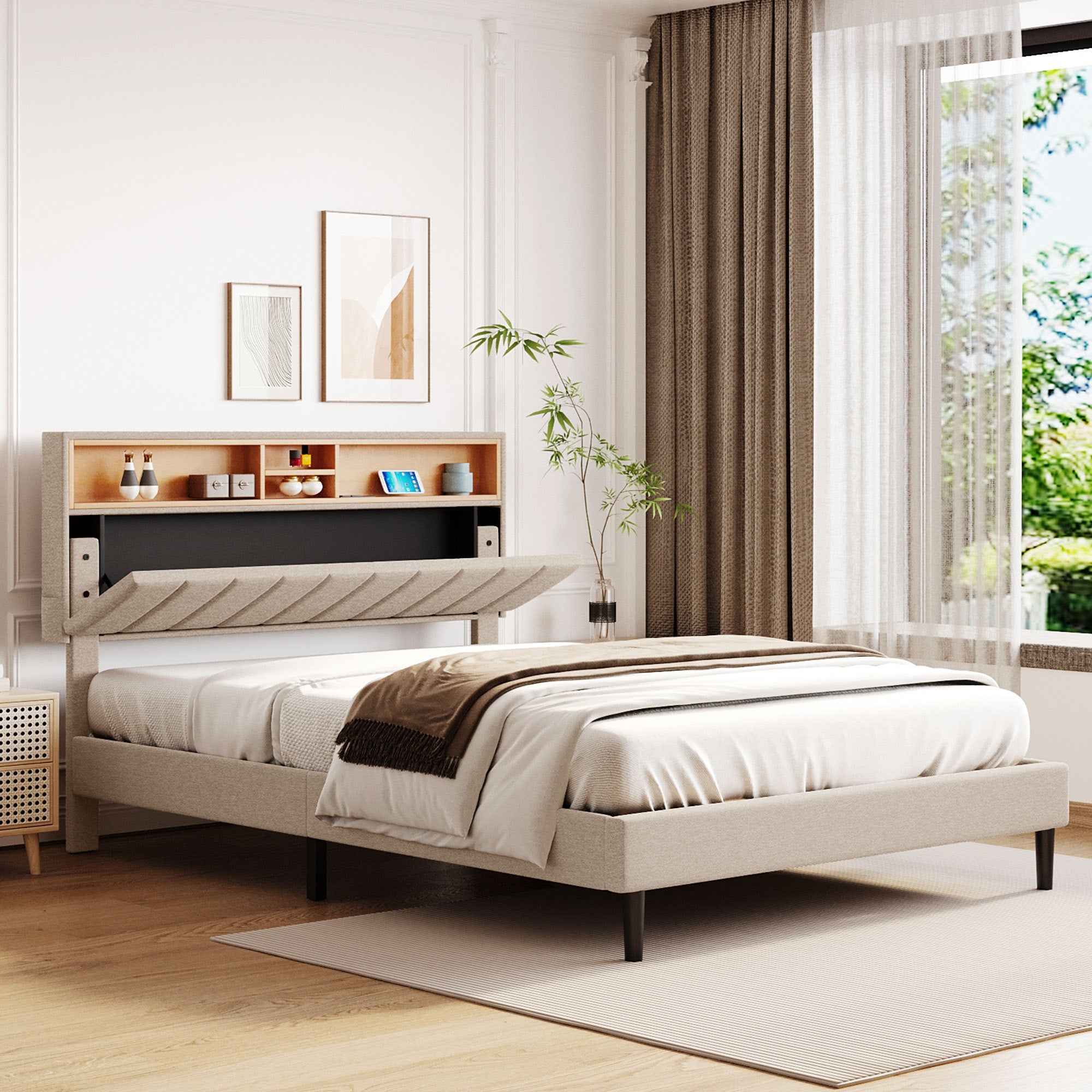 🆓🚛 Queen Size Upholstered Platform Bed with Storage Headboard and USB Port, Linen Fabric Upholstered Bed, Beige