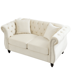 58.8" Chesterfield Sofa Beige Velvet for Living Room, 2 Seater Sofa Tufted Couch with Rolled Arms and Nailhead with 2 Pillows