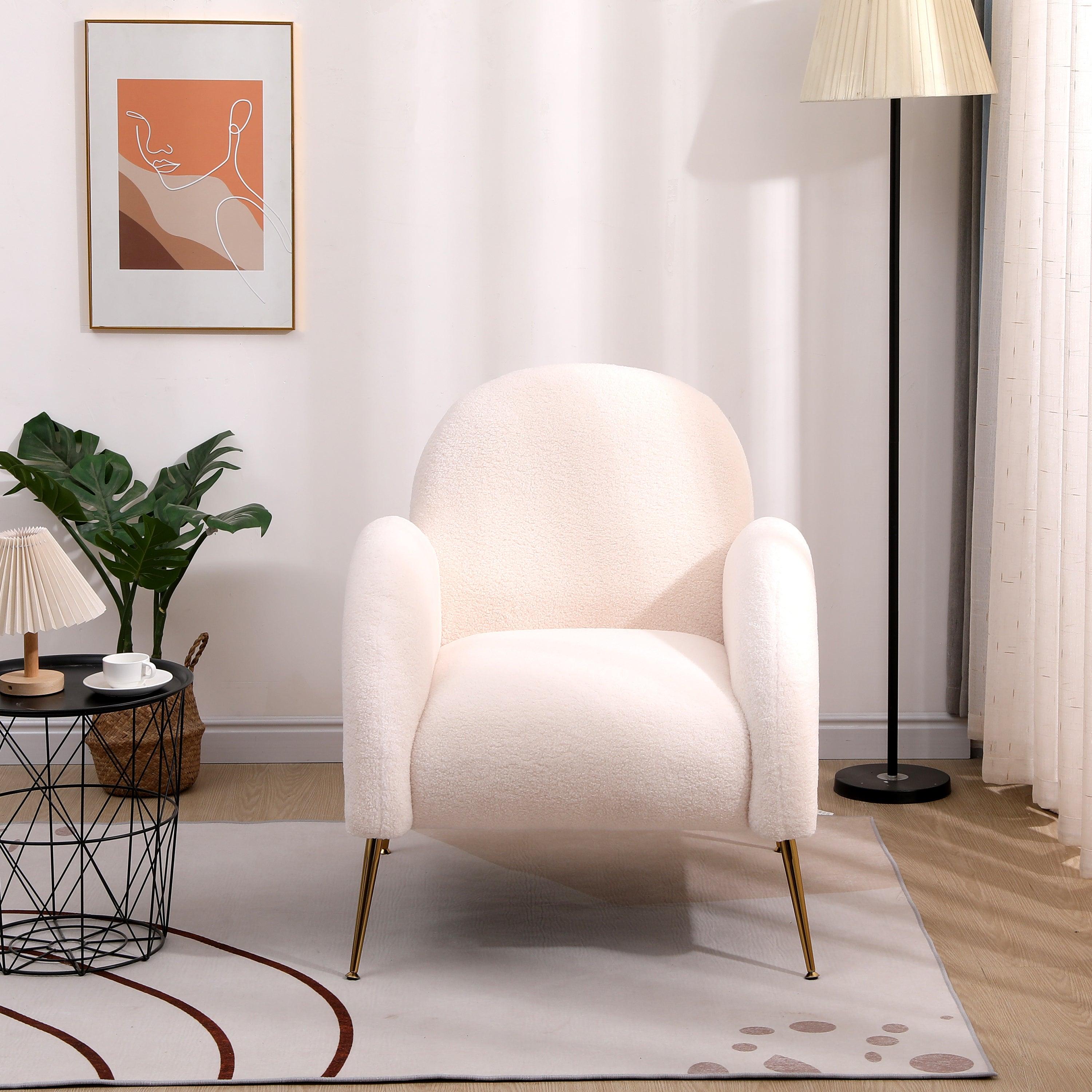 Accent Upholstered Single Chair White Sherpa Armchair with Golden Legs for living room, bedroom, office LamCham