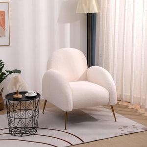 Accent Upholstered Single Chair White Sherpa Armchair with Golden Legs for living room, bedroom, office LamCham