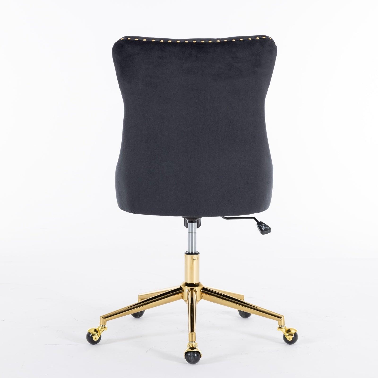 Adjustable  Office Chair, Velvet Upholstered Tufted Button, Golden Metal Base, Black LamCham