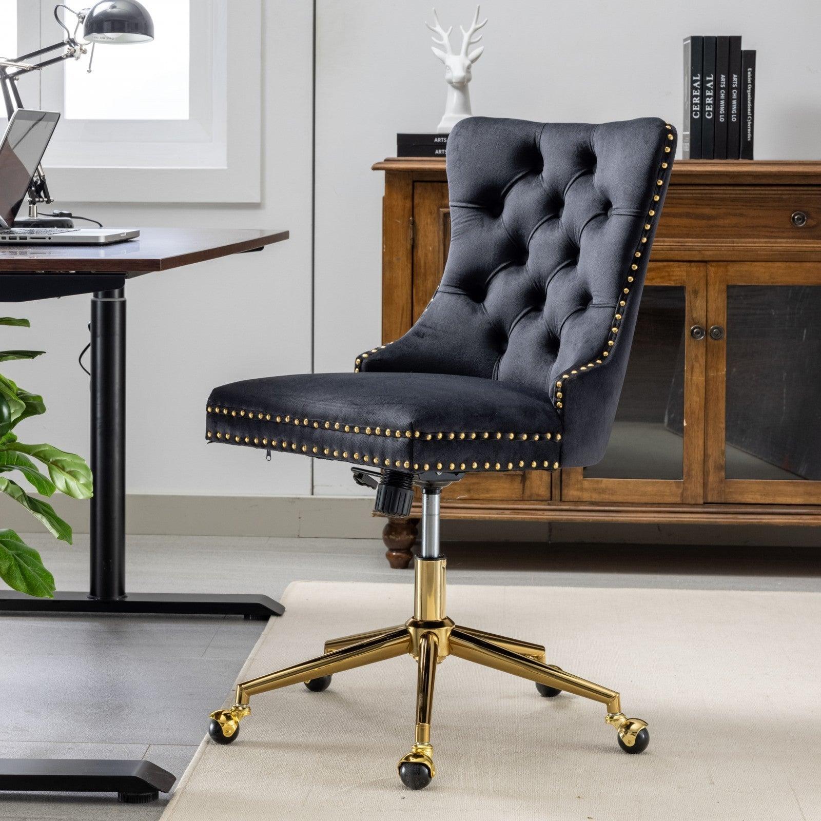 Adjustable  Office Chair, Velvet Upholstered Tufted Button, Golden Metal Base, Black LamCham