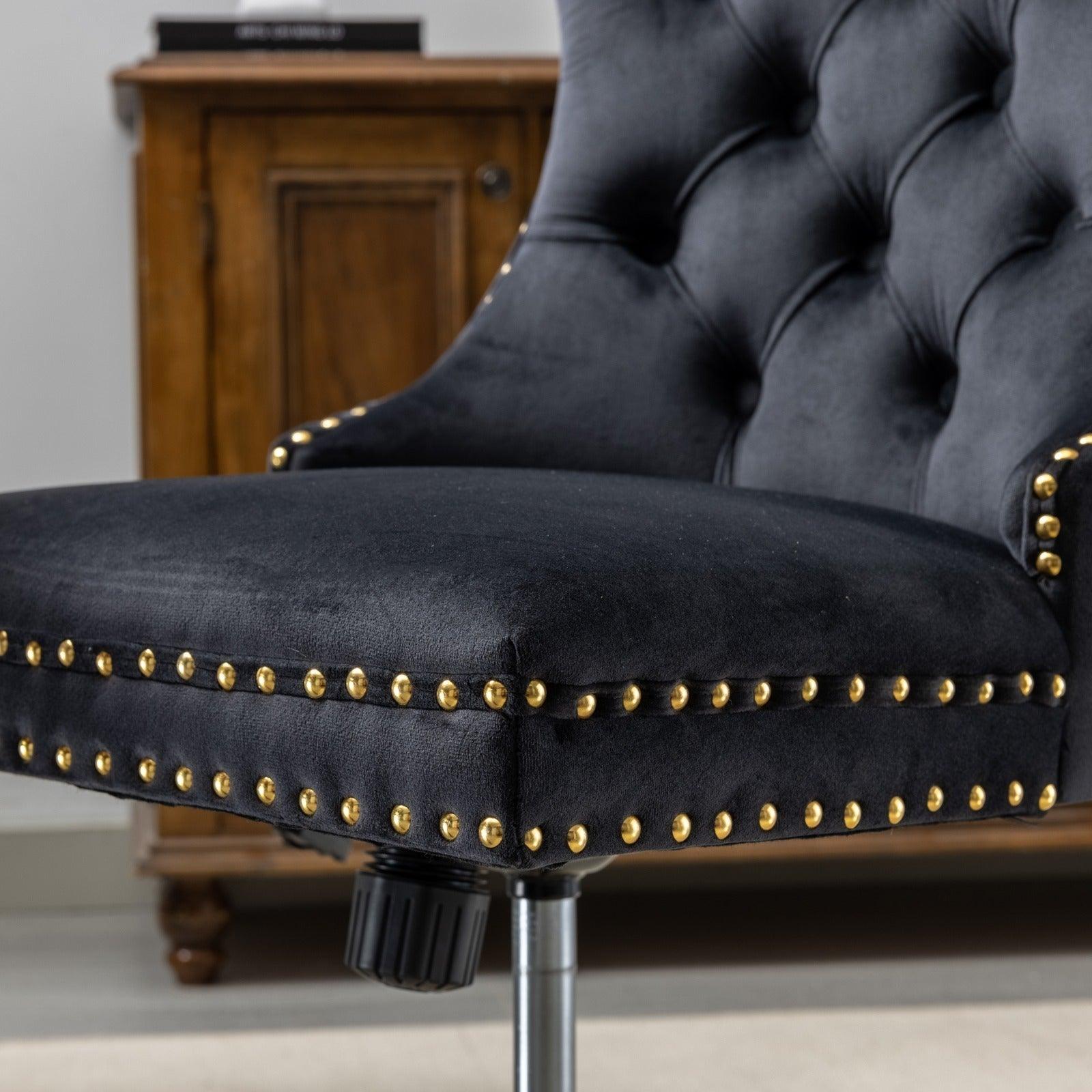 Adjustable  Office Chair, Velvet Upholstered Tufted Button, Golden Metal Base, Black LamCham