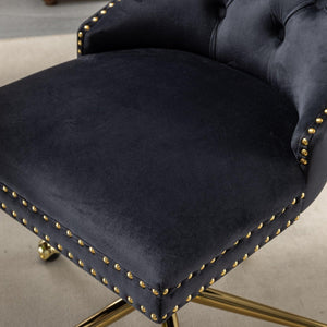 Adjustable  Office Chair, Velvet Upholstered Tufted Button, Golden Metal Base, Black LamCham