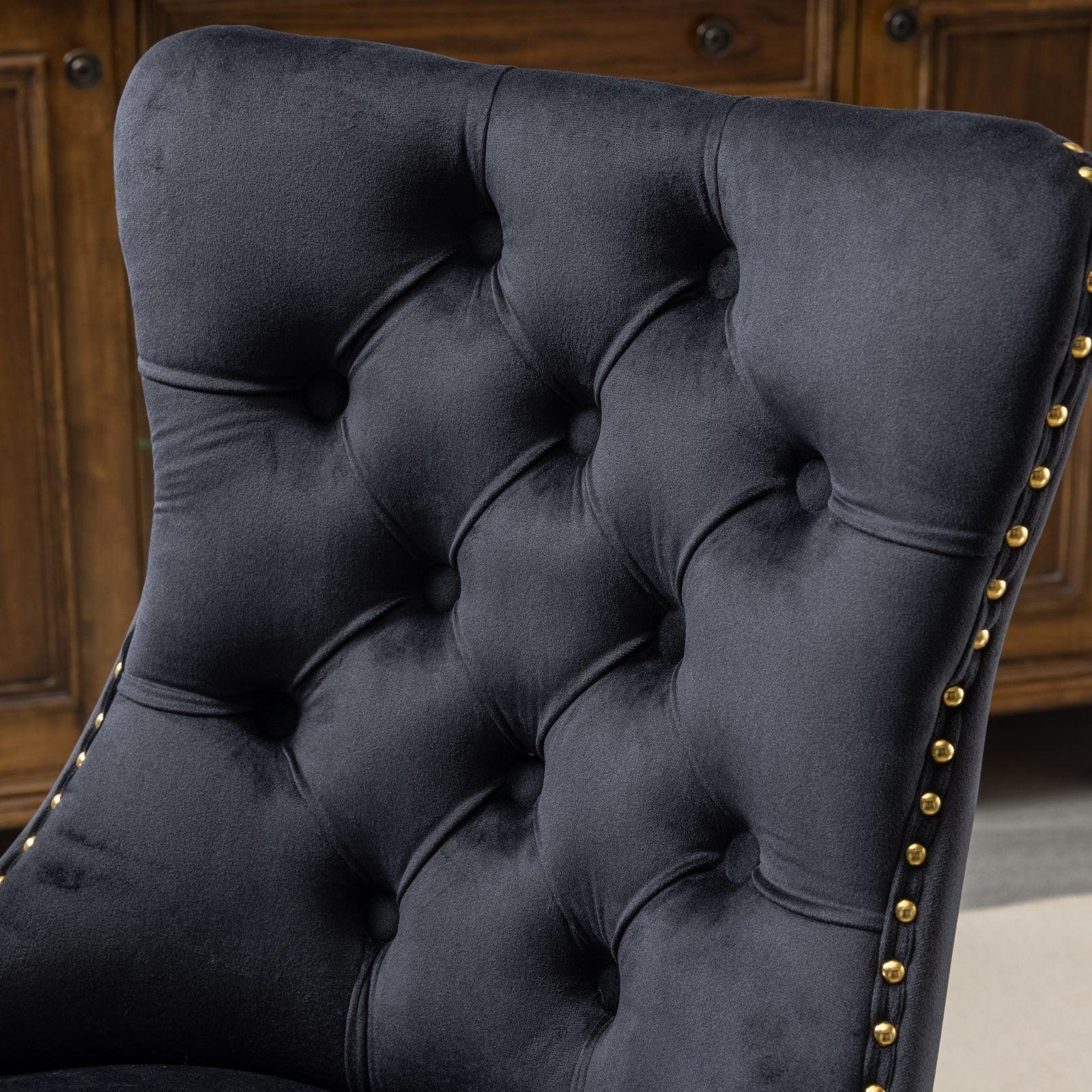 Adjustable  Office Chair, Velvet Upholstered Tufted Button, Golden Metal Base, Black LamCham