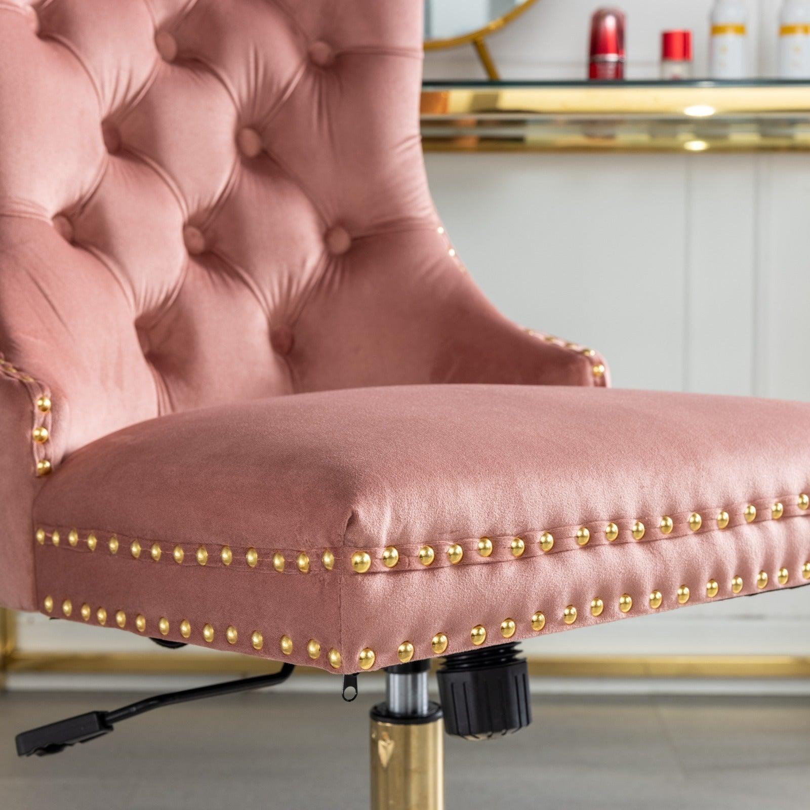 Adjustable  Office Chair, Velvet Upholstered Tufted Button, Golden Metal Base, Pink LamCham