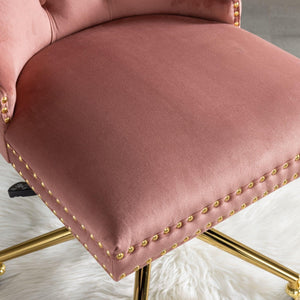 Adjustable  Office Chair, Velvet Upholstered Tufted Button, Golden Metal Base, Pink LamCham