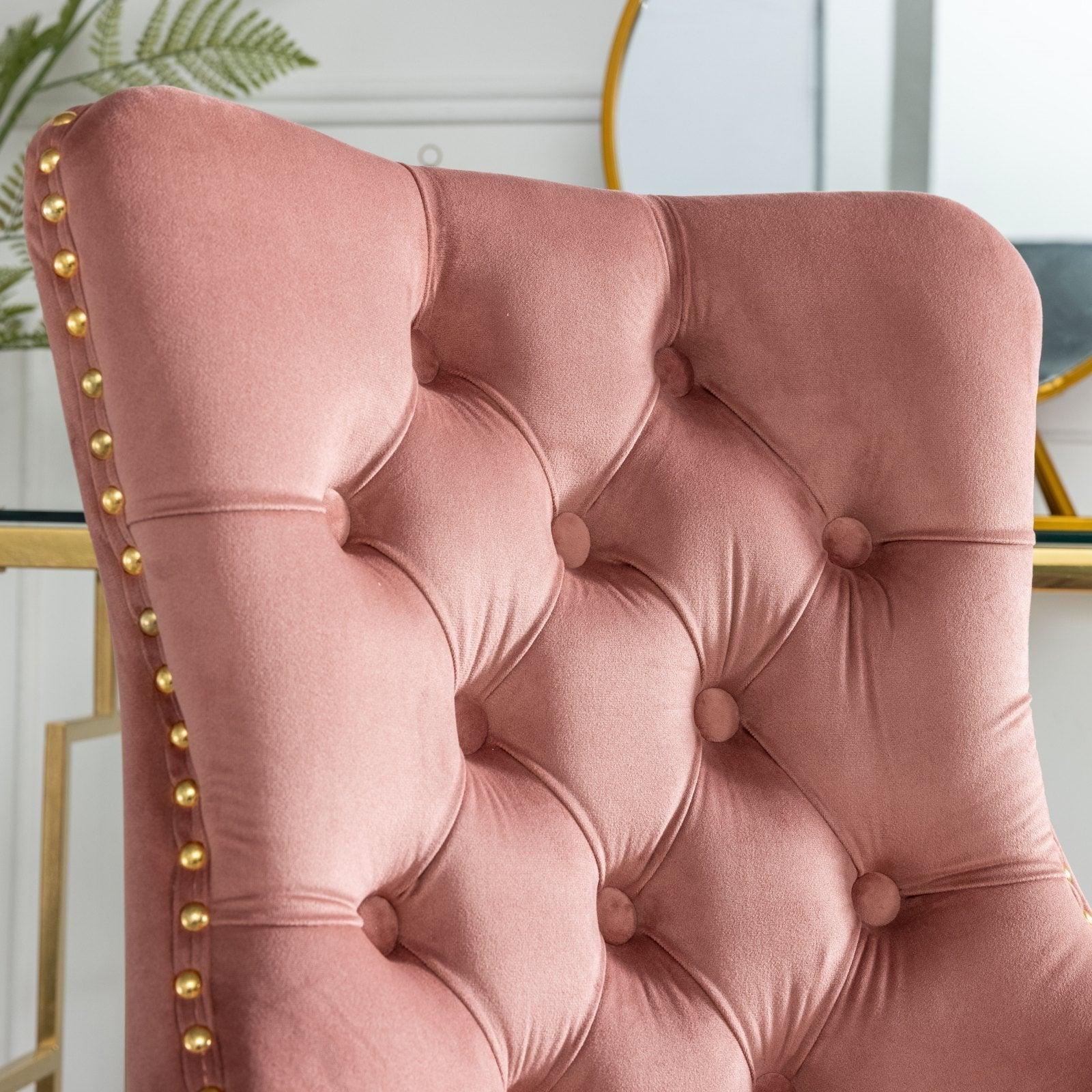 Adjustable  Office Chair, Velvet Upholstered Tufted Button, Golden Metal Base, Pink LamCham