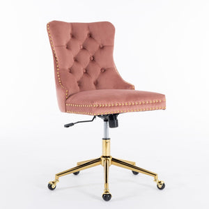 Adjustable  Office Chair, Velvet Upholstered Tufted Button, Golden Metal Base, Pink LamCham