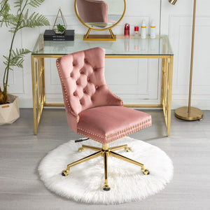 Adjustable  Office Chair, Velvet Upholstered Tufted Button, Golden Metal Base, Pink LamCham