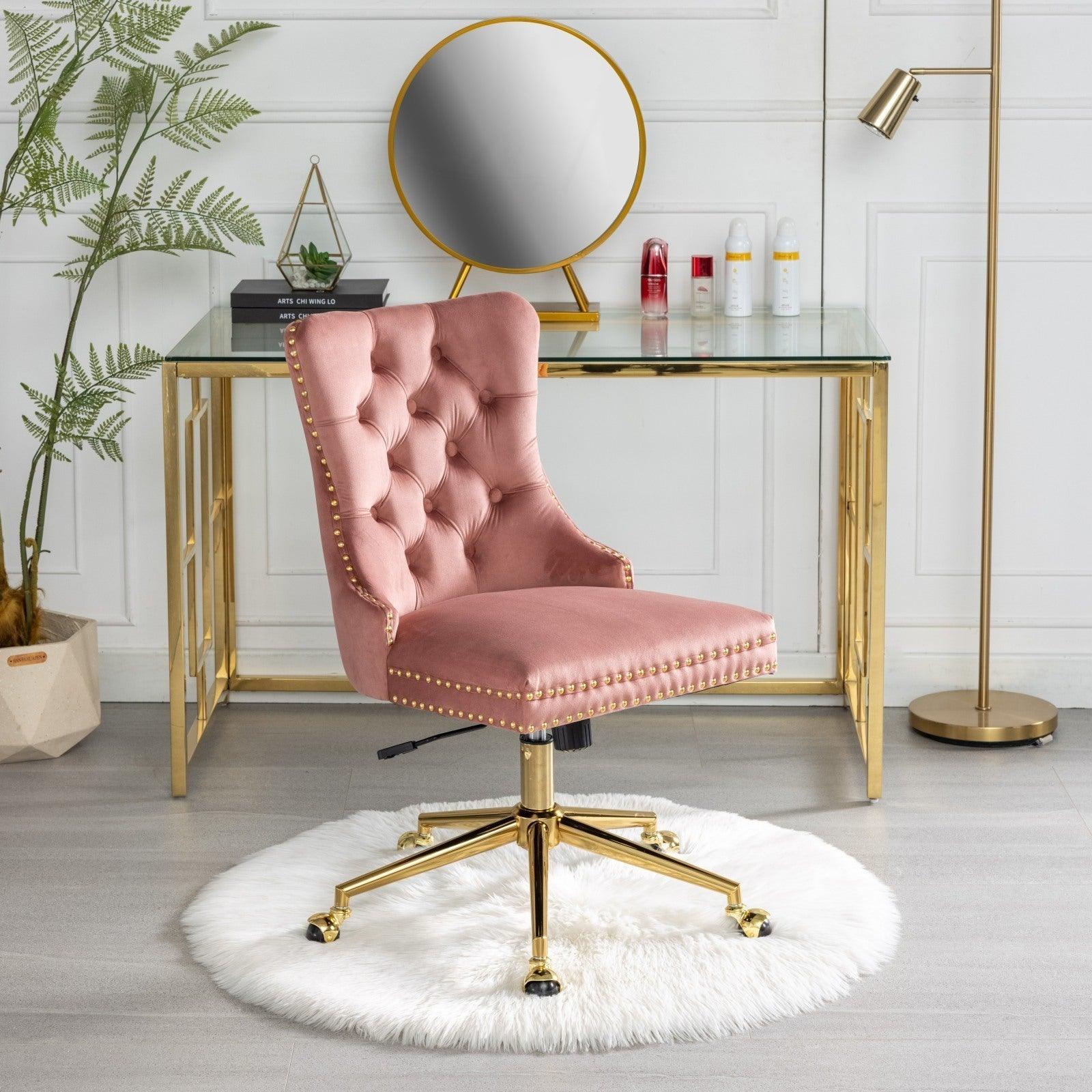 Adjustable  Office Chair, Velvet Upholstered Tufted Button, Golden Metal Base, Pink LamCham