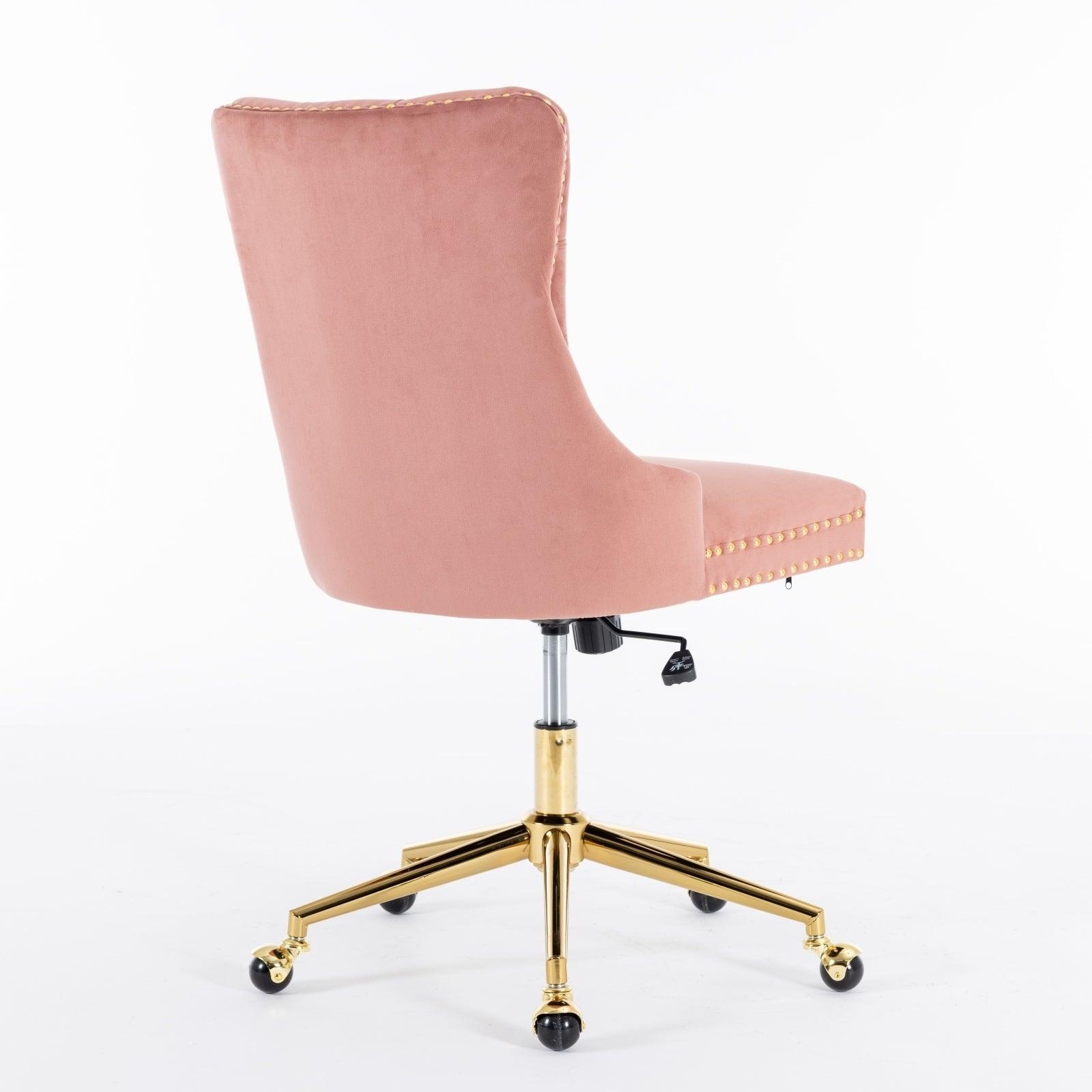 Adjustable  Office Chair, Velvet Upholstered Tufted Button, Golden Metal Base, Pink LamCham