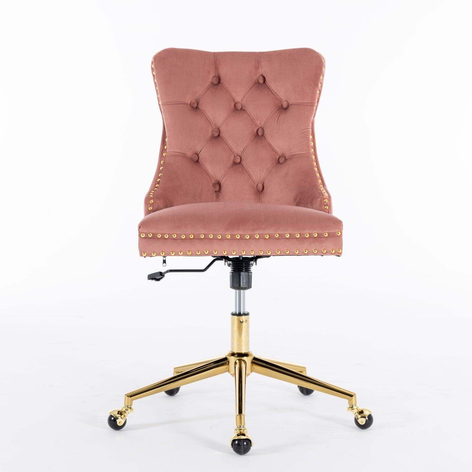 Adjustable  Office Chair, Velvet Upholstered Tufted Button, Golden Metal Base, Pink LamCham