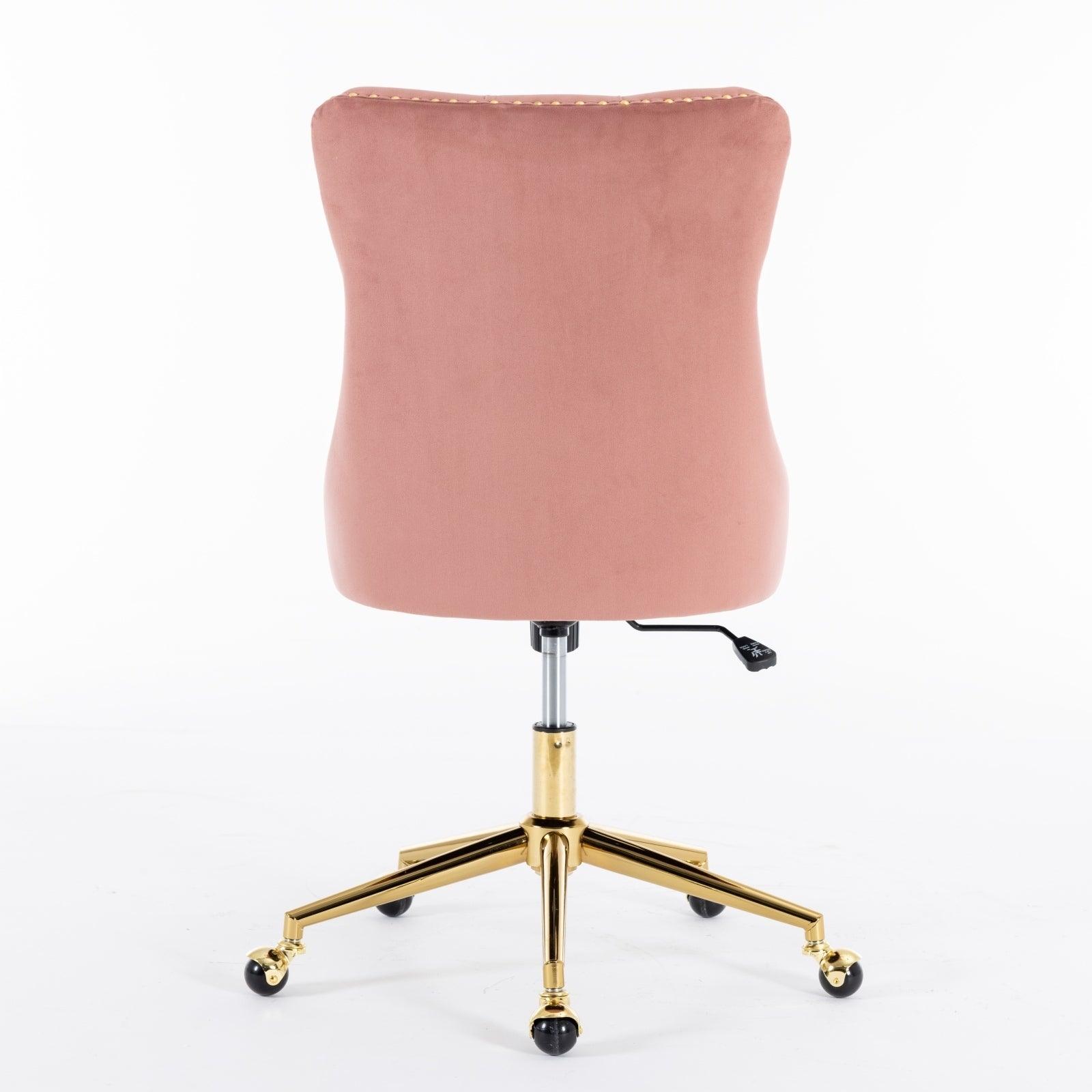 Adjustable  Office Chair, Velvet Upholstered Tufted Button, Golden Metal Base, Pink LamCham