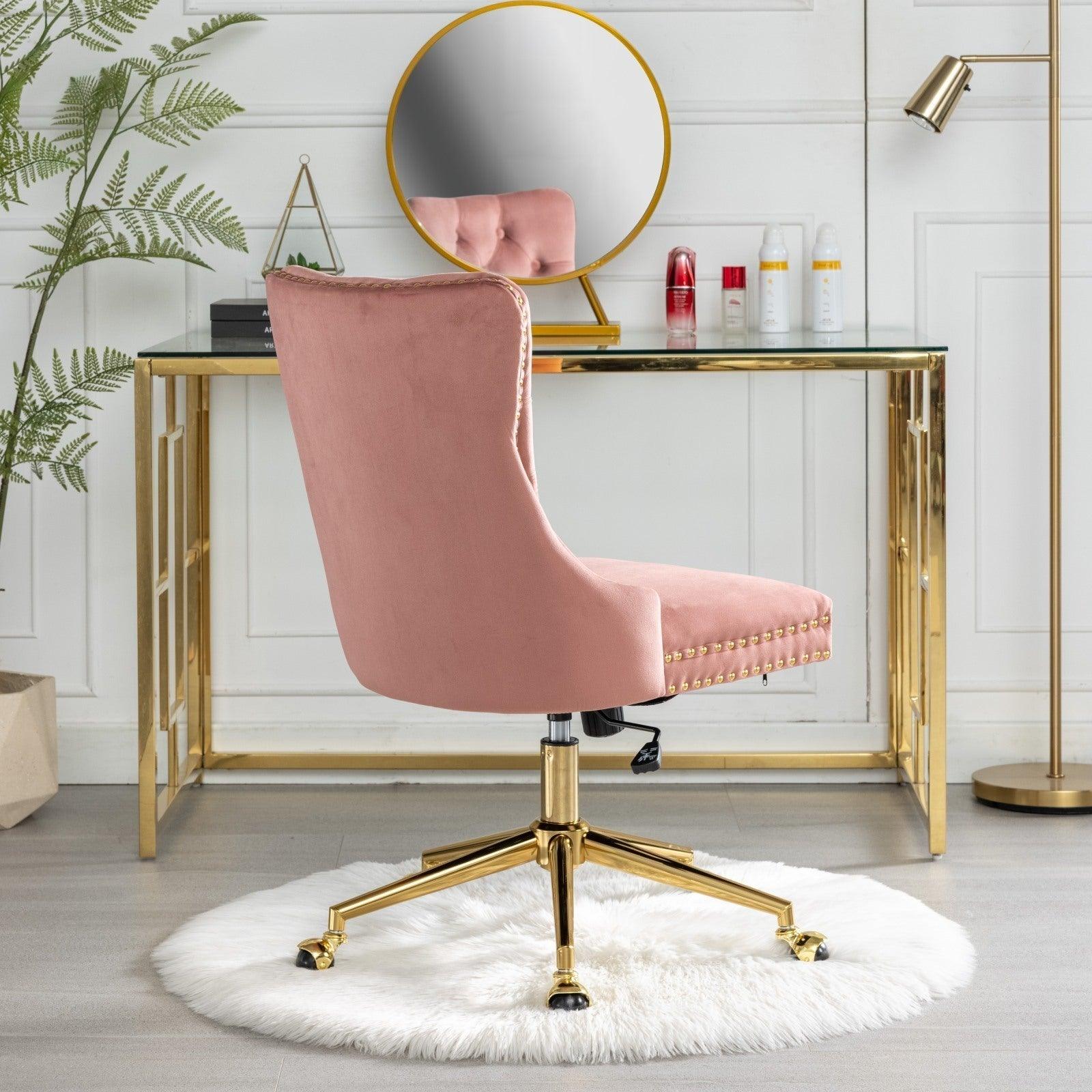 Adjustable  Office Chair, Velvet Upholstered Tufted Button, Golden Metal Base, Pink LamCham